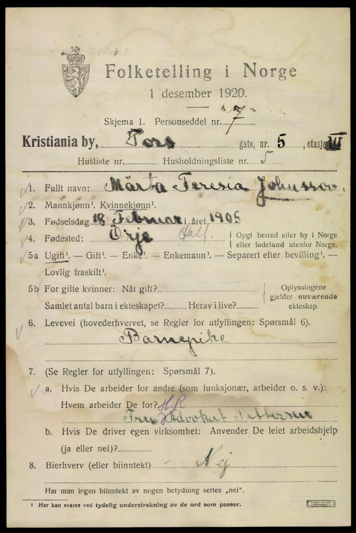 SAO, 1920 census for Kristiania, 1920, p. 590813