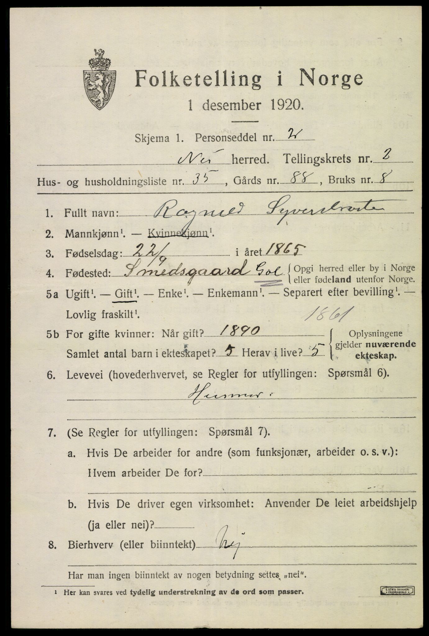 SAKO, 1920 census for Nes (Buskerud), 1920, p. 1618