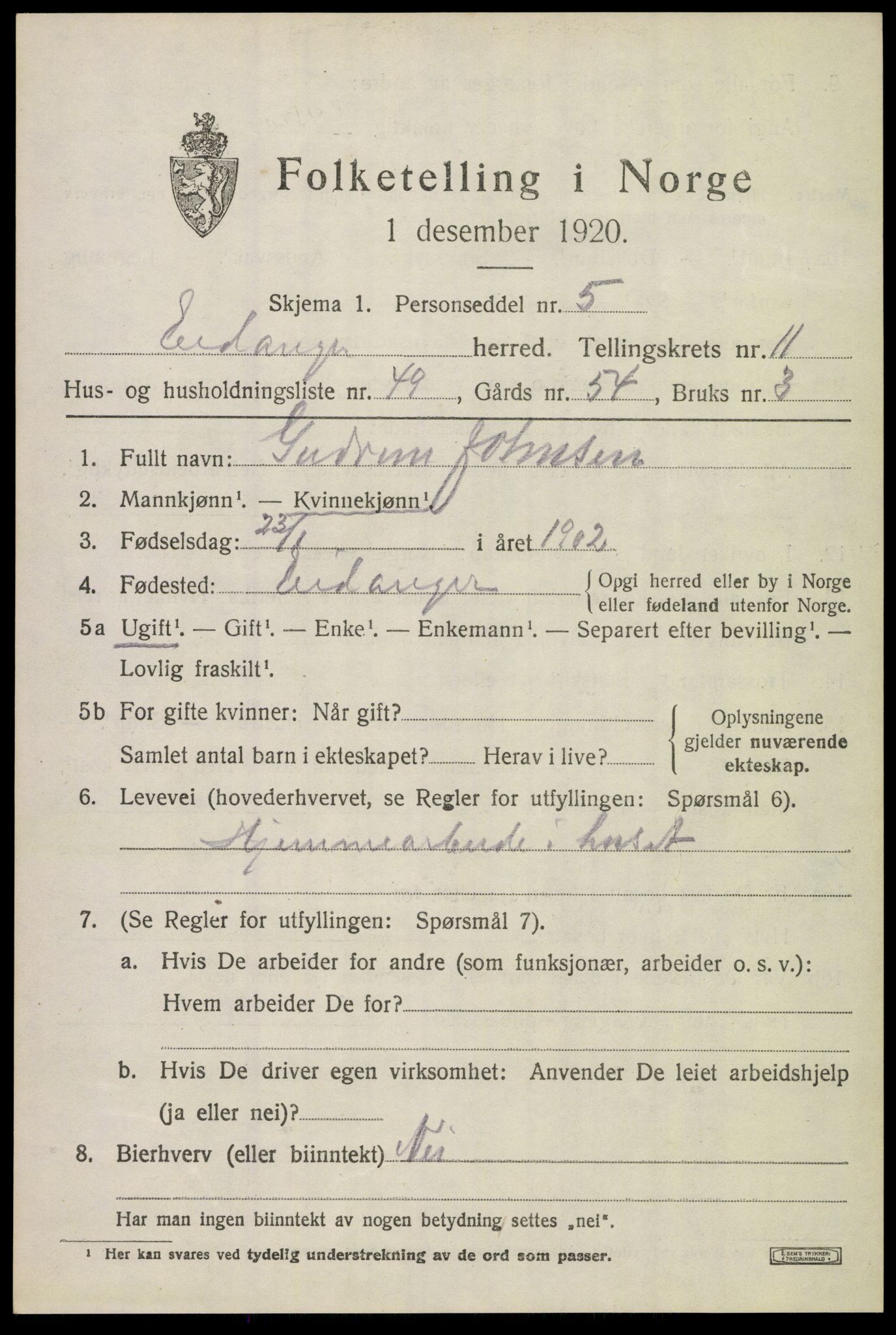 SAKO, 1920 census for Eidanger, 1920, p. 7188