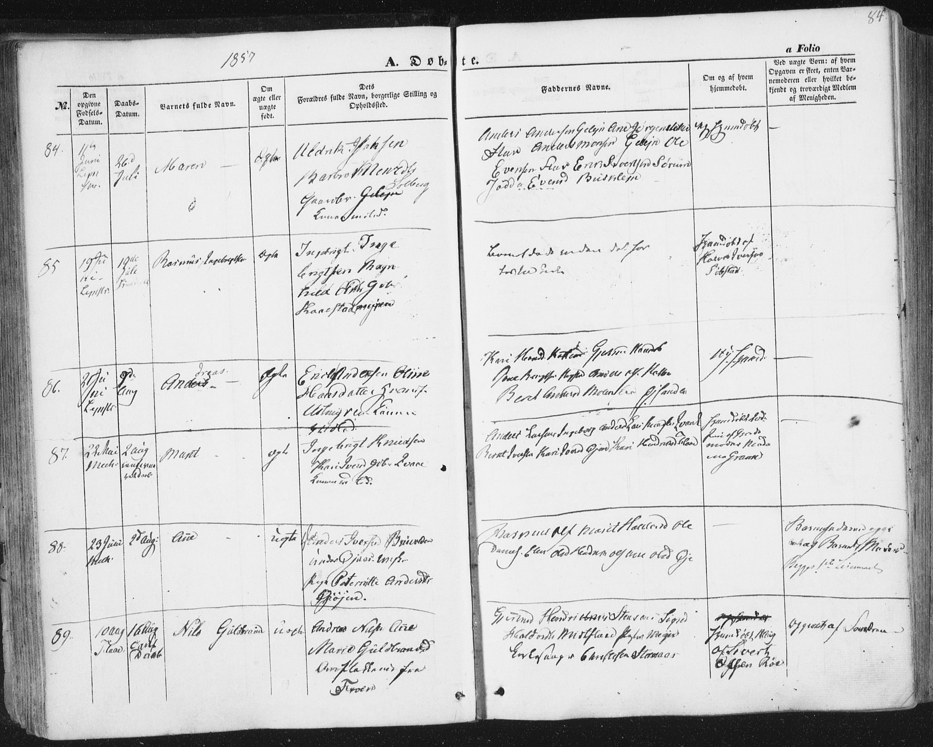 Ministerialprotokoller, klokkerbøker og fødselsregistre - Sør-Trøndelag, AV/SAT-A-1456/691/L1076: Parish register (official) no. 691A08, 1852-1861, p. 84