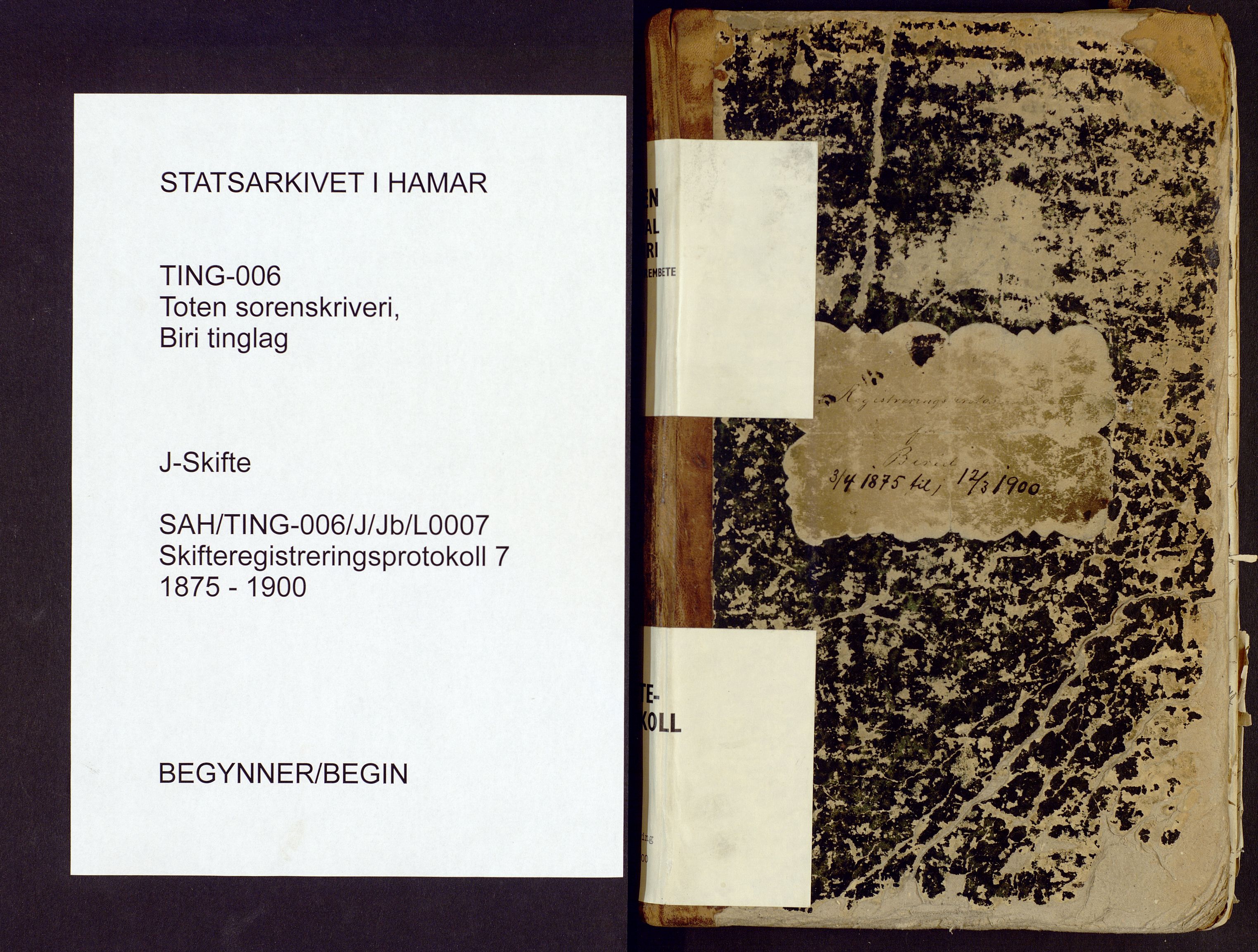 Toten tingrett, SAH/TING-006/J/Jb/L0007: Skifteregistreringsprotokoll - Biri, 1875-1900