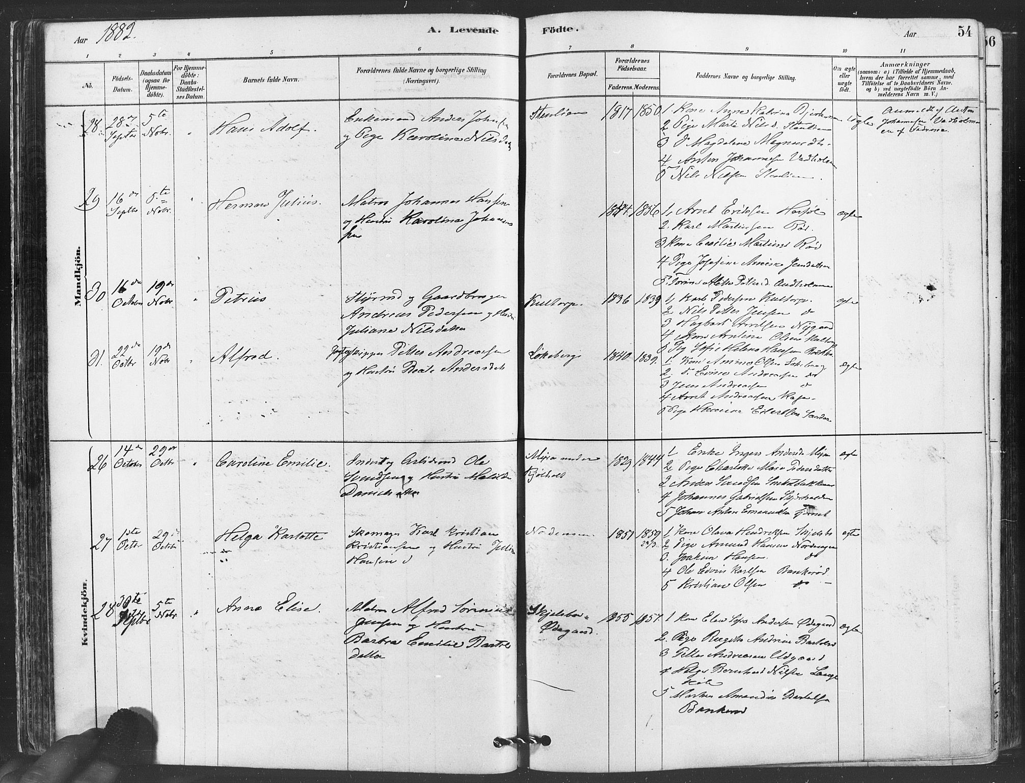 Hvaler prestekontor Kirkebøker, AV/SAO-A-2001/F/Fa/L0008: Parish register (official) no. I 8, 1878-1895, p. 54