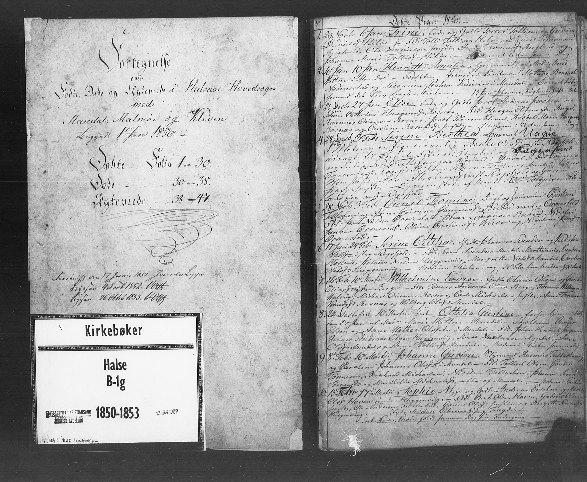 Mandal sokneprestkontor, SAK/1111-0030/F/Fb/Fba/L0007: Parish register (copy) no. B 1G, 1850-1853, p. 1