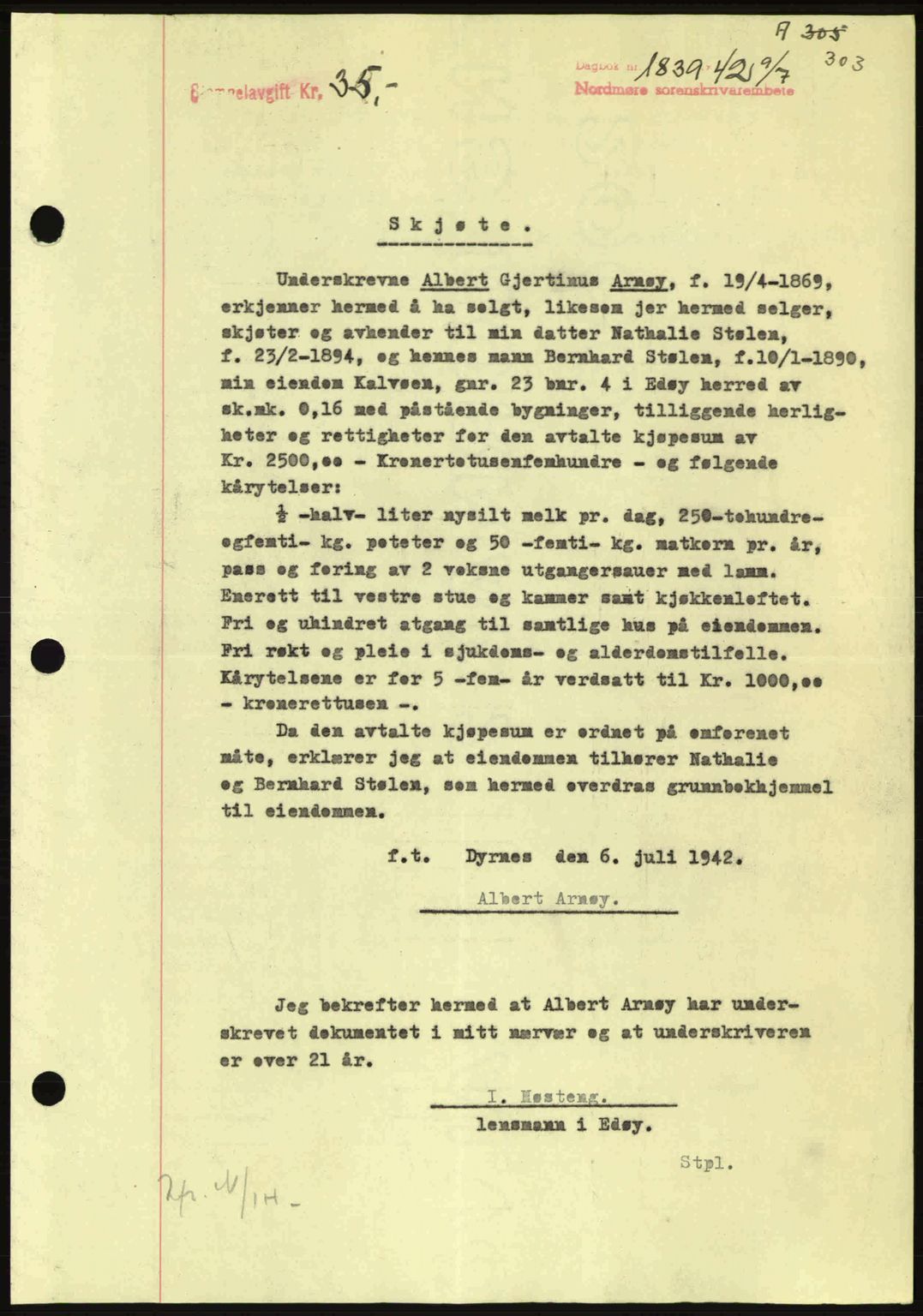 Nordmøre sorenskriveri, AV/SAT-A-4132/1/2/2Ca: Mortgage book no. A93, 1942-1942, Diary no: : 1839/1942