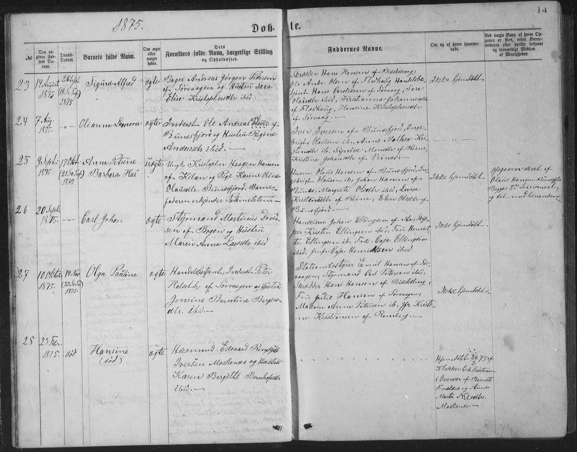 Ministerialprotokoller, klokkerbøker og fødselsregistre - Nordland, AV/SAT-A-1459/886/L1225: Parish register (copy) no. 886C02, 1874-1896, p. 14