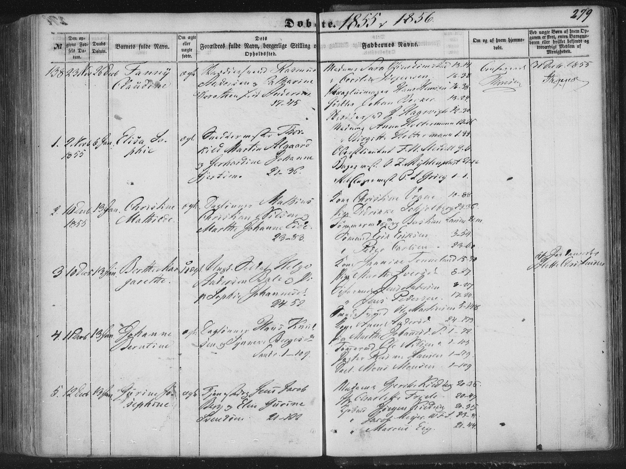 Korskirken sokneprestembete, AV/SAB-A-76101/H/Haa/L0017: Parish register (official) no. B 3, 1851-1857, p. 279