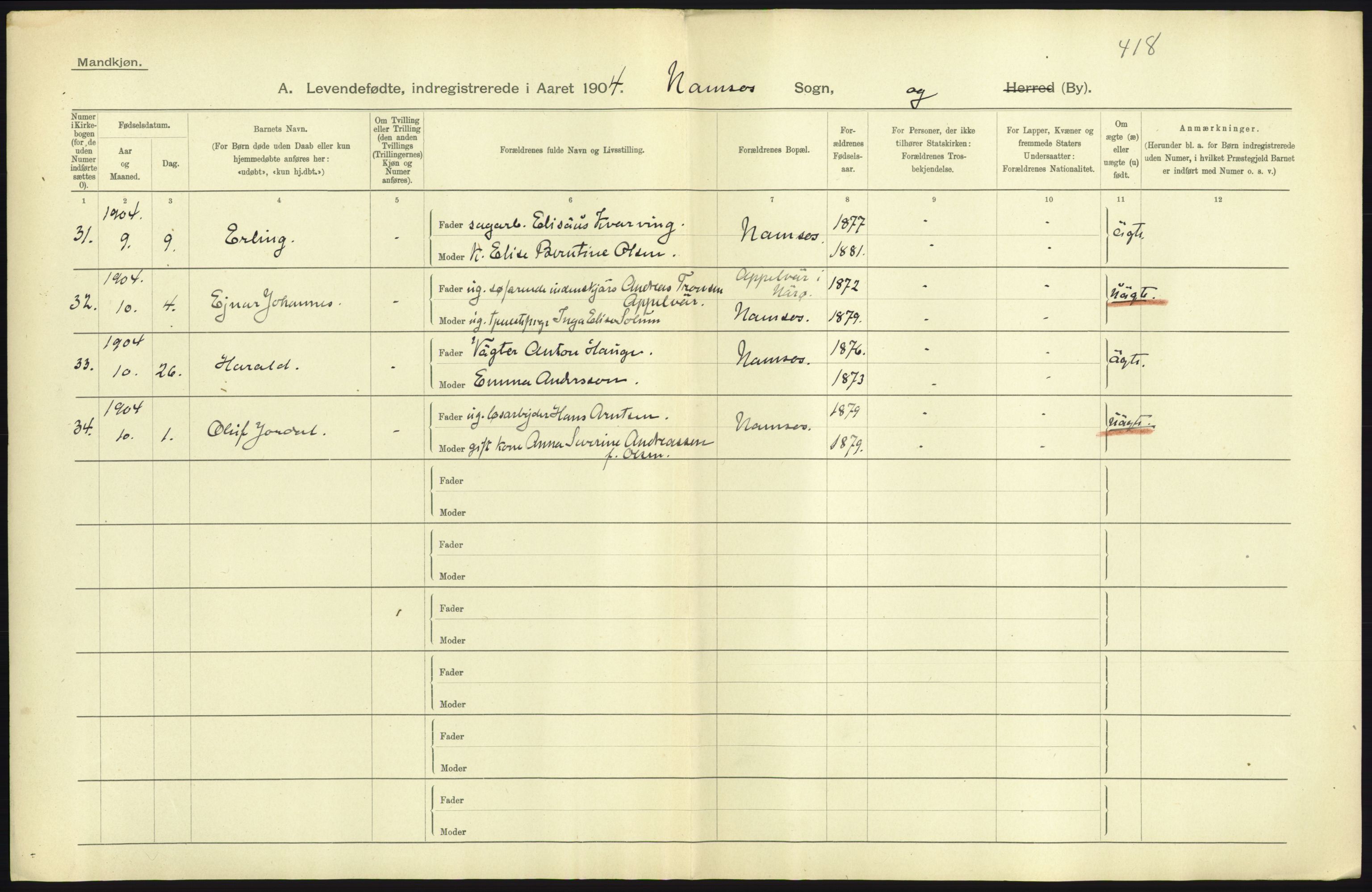 Statistisk sentralbyrå, Sosiodemografiske emner, Befolkning, RA/S-2228/D/Df/Dfa/Dfab/L0019: Nordre Trondhjems amt: Fødte, gifte, døde, 1904, p. 9