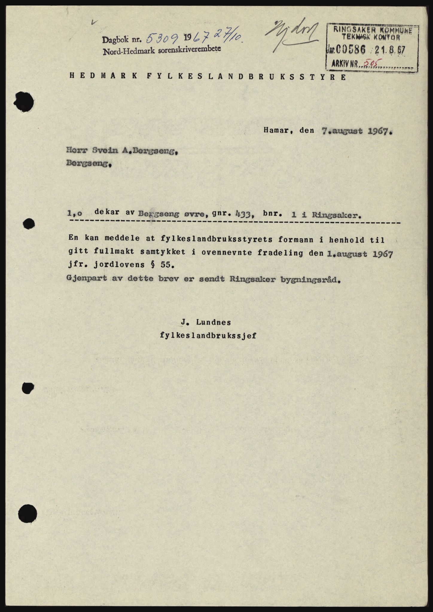 Nord-Hedmark sorenskriveri, AV/SAH-TING-012/H/Hc/L0026: Mortgage book no. 26, 1967-1967, Diary no: : 5309/1967