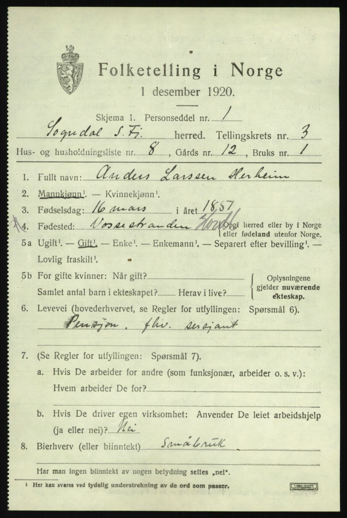 SAB, 1920 census for Sogndal, 1920, p. 2193