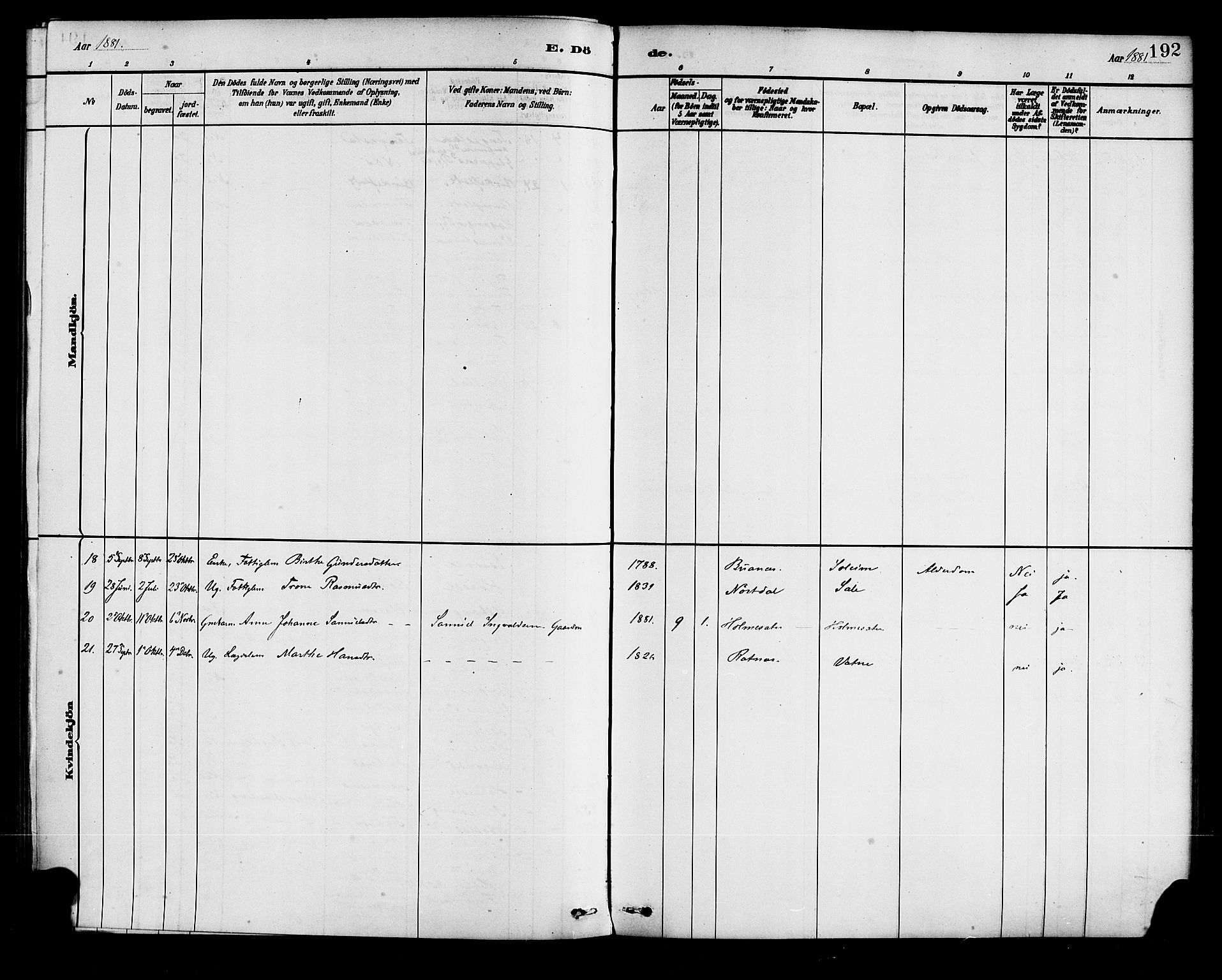 Førde sokneprestembete, SAB/A-79901/H/Haa/Haad/L0001: Parish register (official) no. D 1, 1881-1898, p. 192