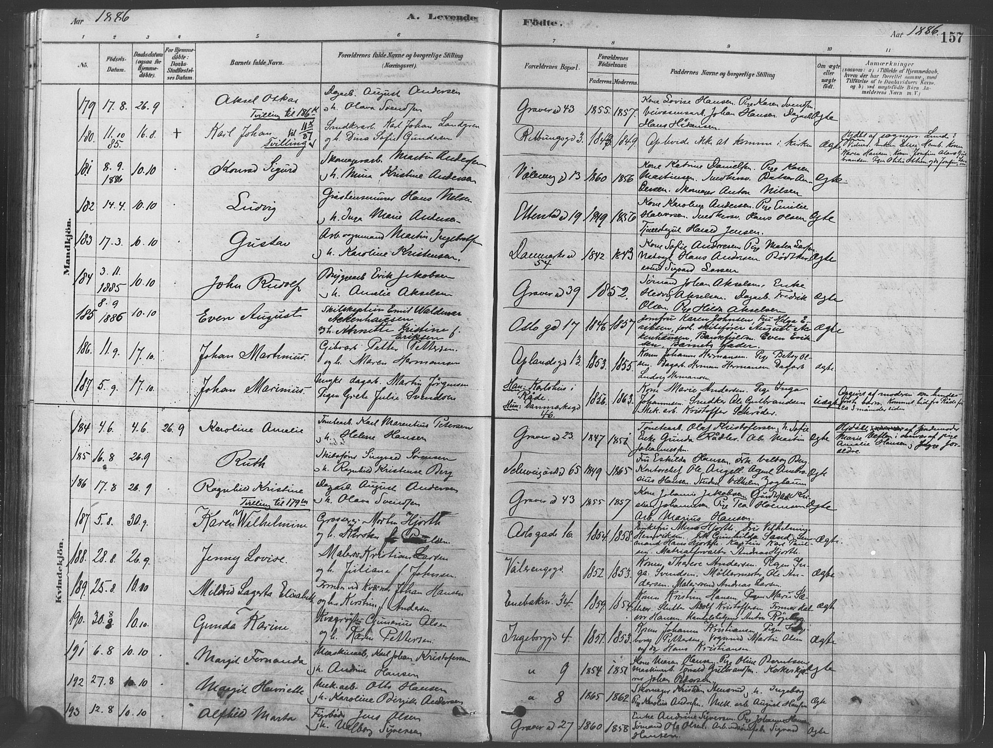Gamlebyen prestekontor Kirkebøker, AV/SAO-A-10884/F/Fa/L0005: Parish register (official) no. 5, 1878-1889, p. 157