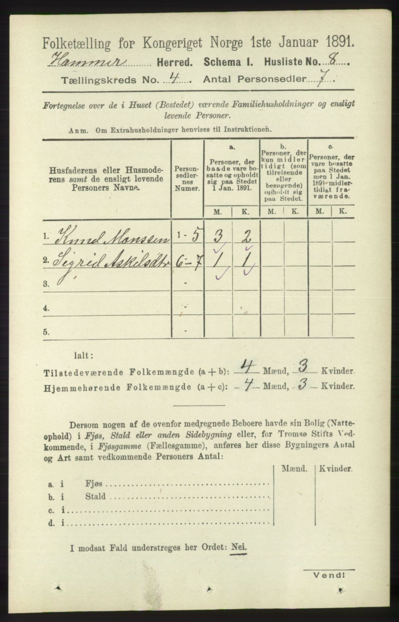 RA, 1891 census for 1254 Hamre, 1891, p. 899