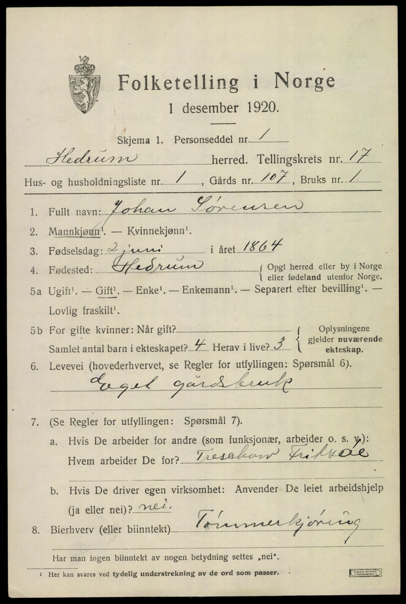 SAKO, 1920 census for Hedrum, 1920, p. 10521