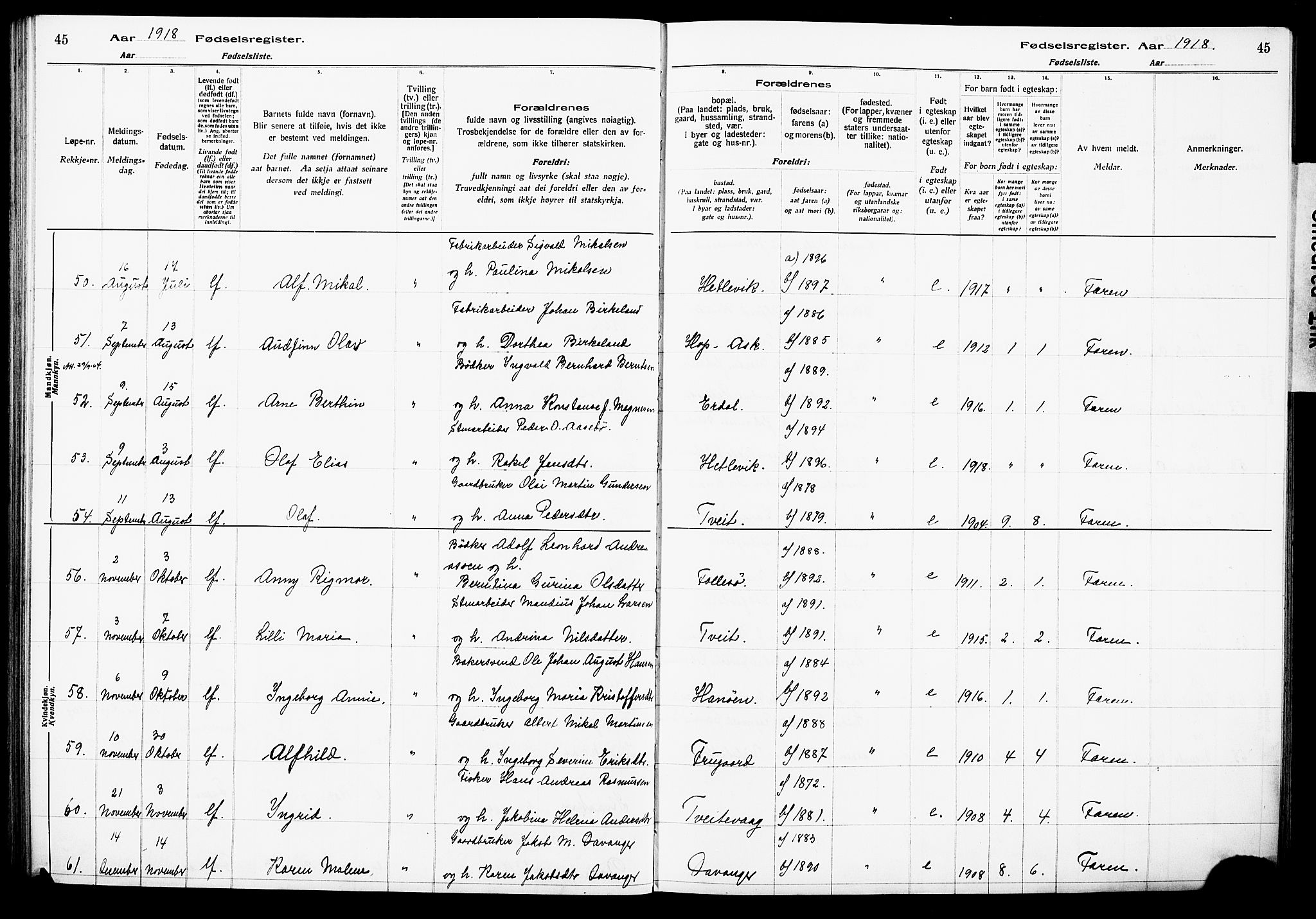 Askøy Sokneprestembete, SAB/A-74101/I/Id/L00A1: Birth register no. A 1, 1916-1928, p. 45