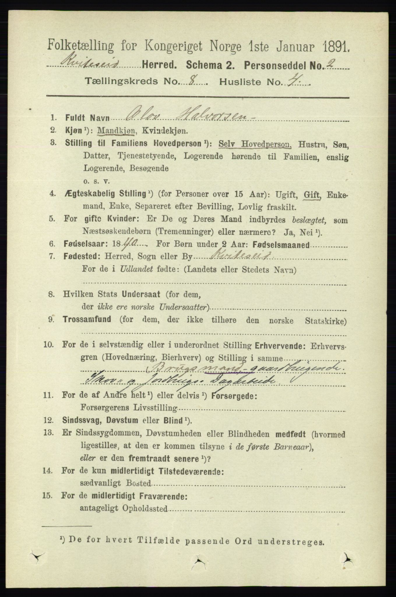 RA, 1891 census for 0829 Kviteseid, 1891, p. 1623