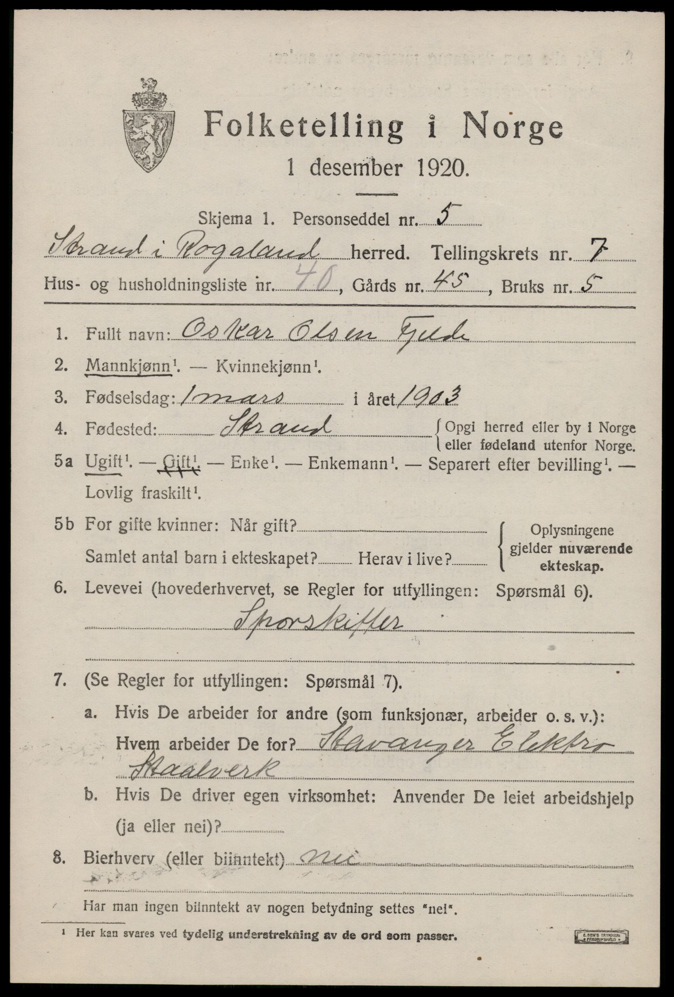 SAST, 1920 census for Strand, 1920, p. 4926