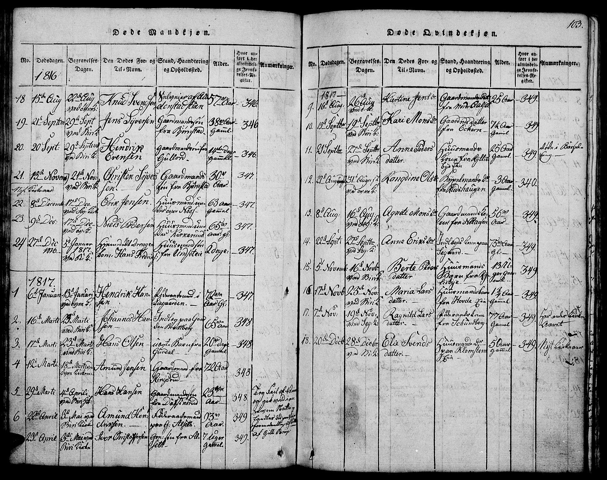 Biri prestekontor, SAH/PREST-096/H/Ha/Hab/L0001: Parish register (copy) no. 1, 1814-1828, p. 103