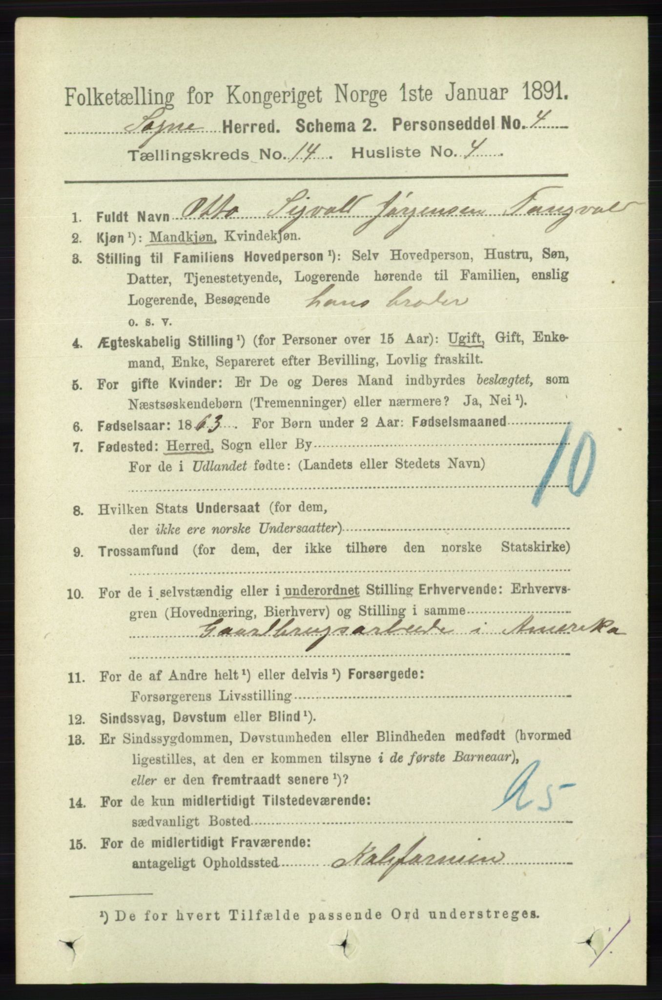 RA, 1891 census for 1018 Søgne, 1891, p. 3424