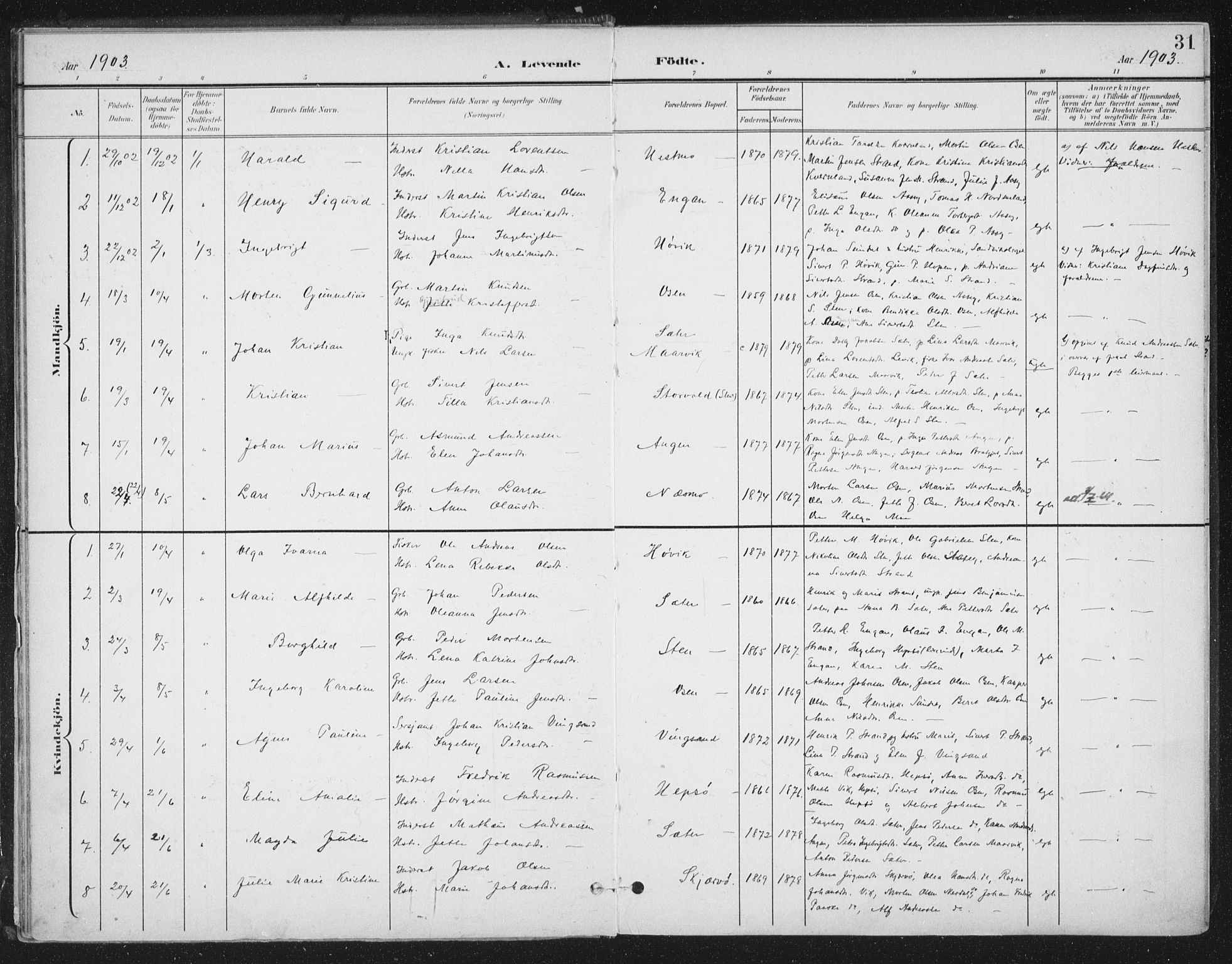 Ministerialprotokoller, klokkerbøker og fødselsregistre - Sør-Trøndelag, SAT/A-1456/658/L0723: Parish register (official) no. 658A02, 1897-1912, p. 31