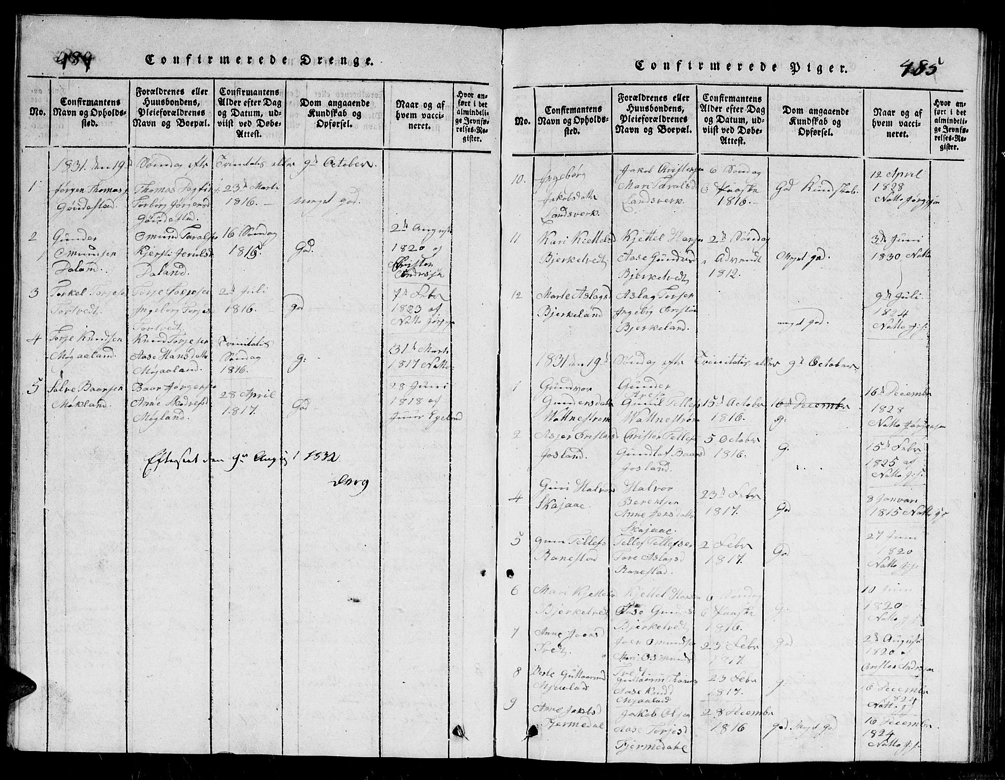 Evje sokneprestkontor, SAK/1111-0008/F/Fb/Fbc/L0001: Parish register (copy) no. B 1, 1816-1836, p. 484-485
