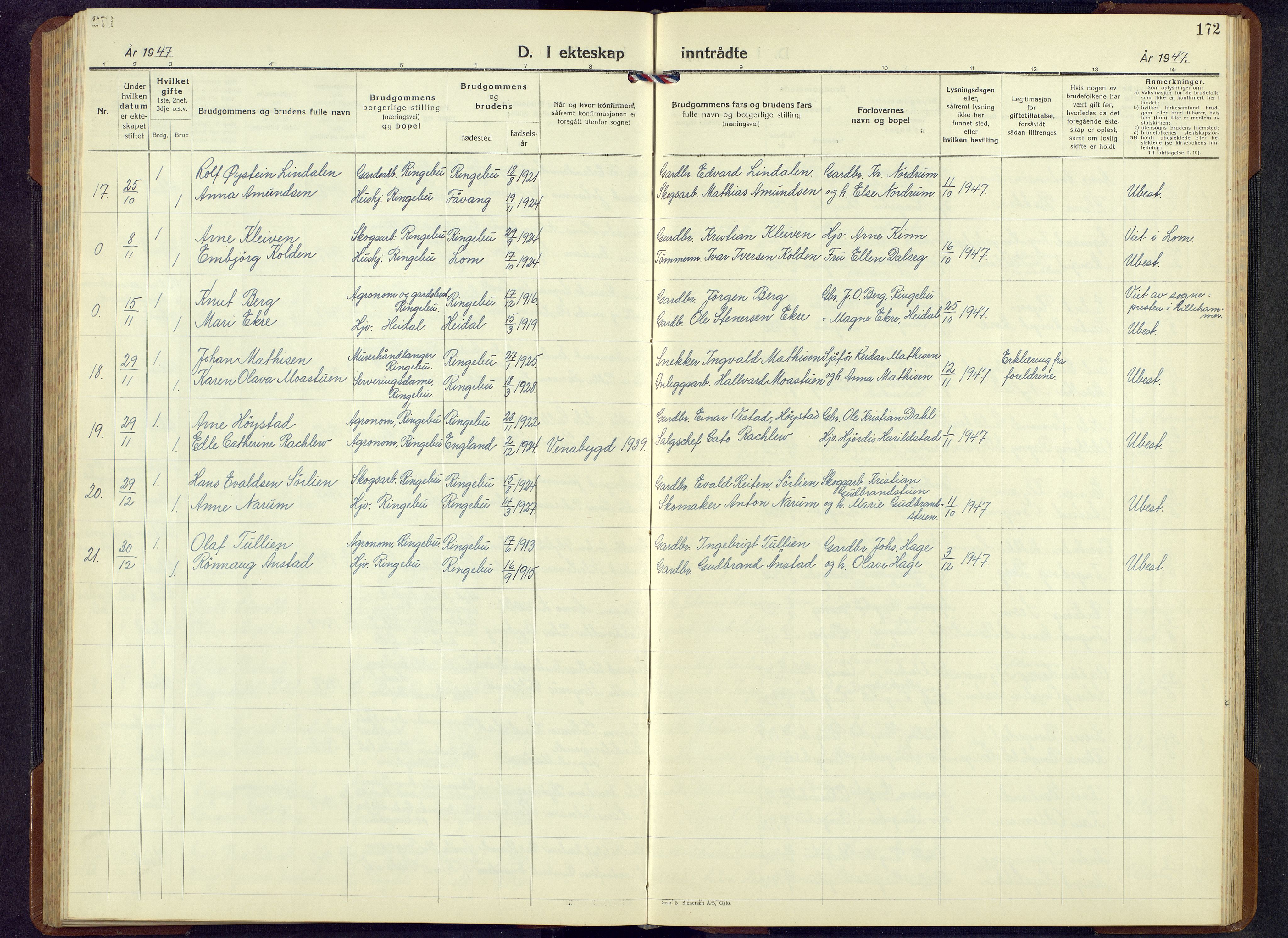 Ringebu prestekontor, AV/SAH-PREST-082/H/Ha/Hab/L0013: Parish register (copy) no. 13, 1943-1956, p. 172