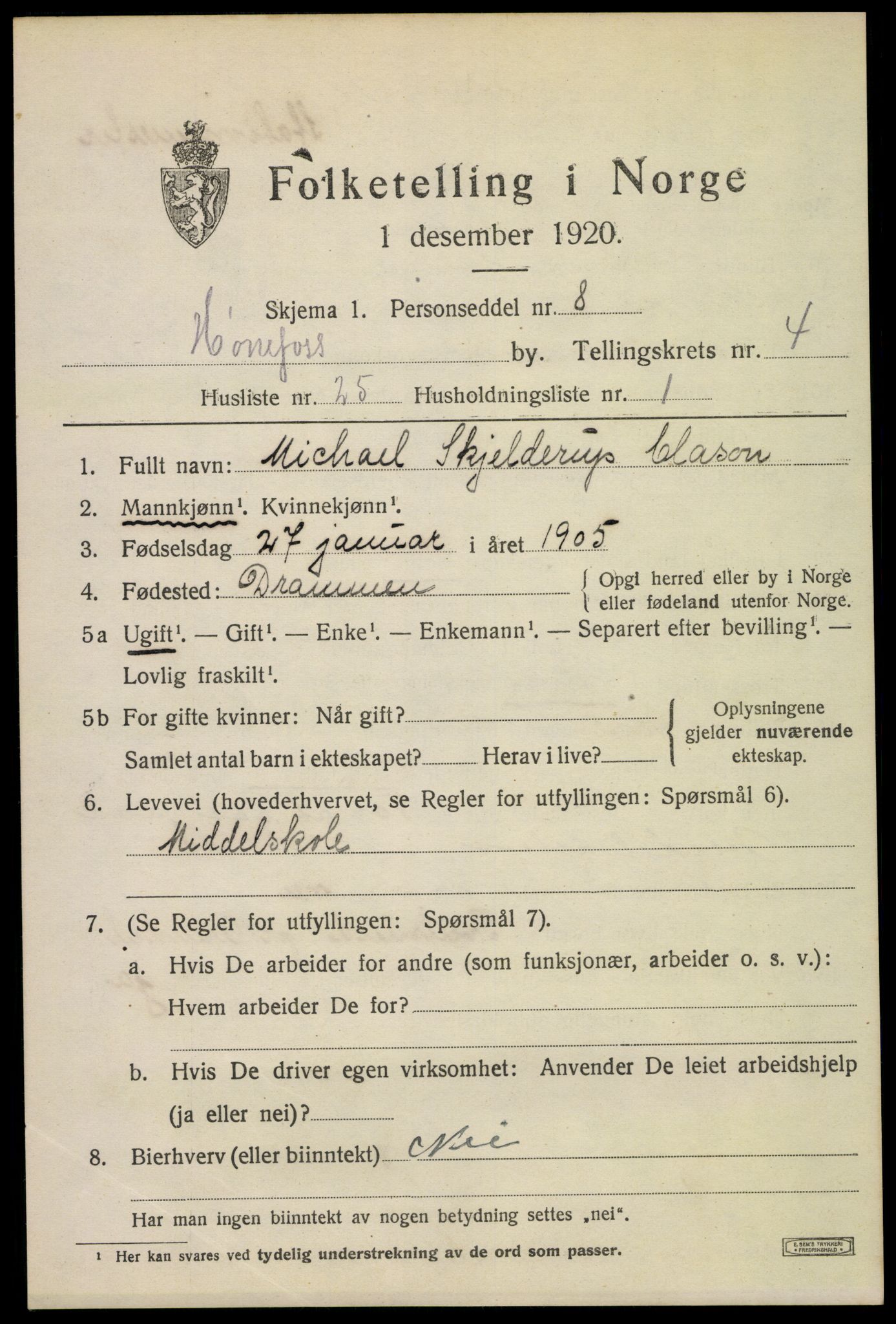 SAKO, 1920 census for Hønefoss, 1920, p. 6620