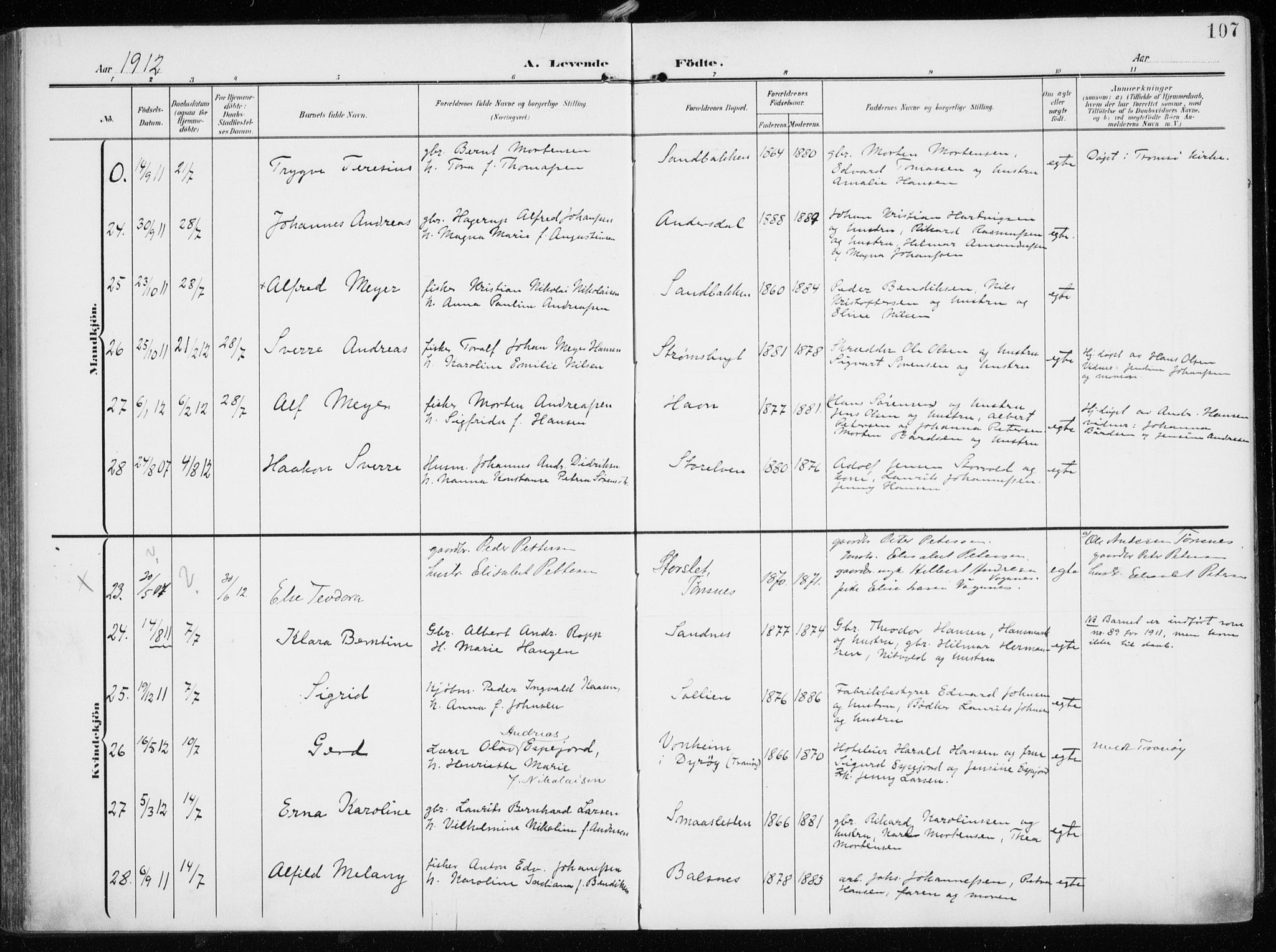Tromsøysund sokneprestkontor, AV/SATØ-S-1304/G/Ga/L0007kirke: Parish register (official) no. 7, 1907-1914, p. 107