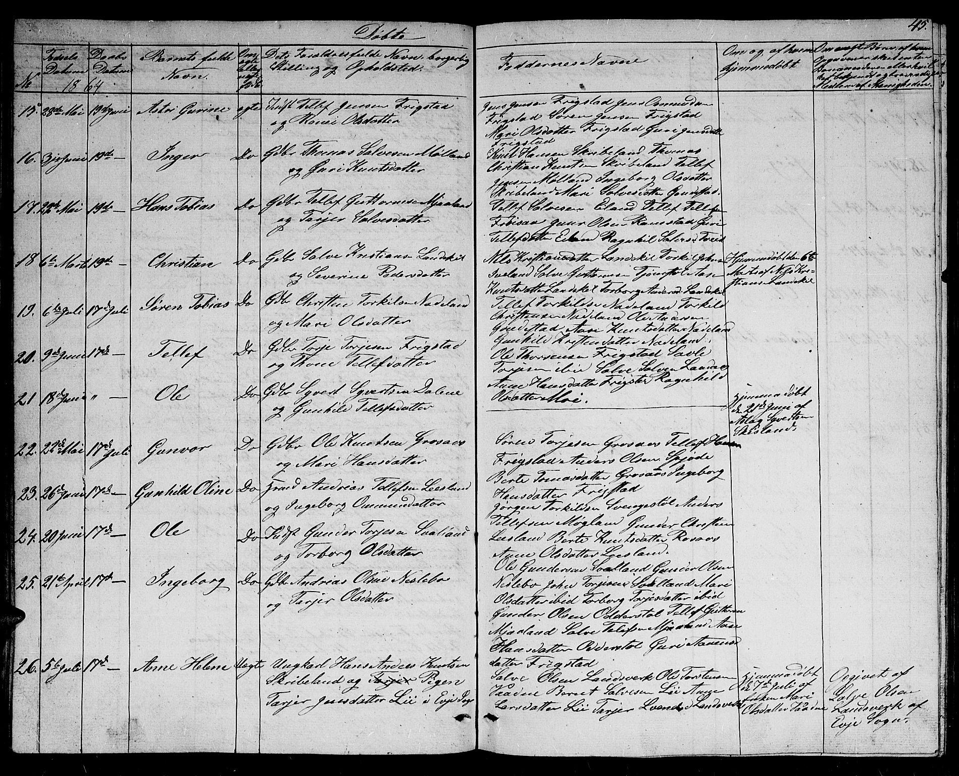 Evje sokneprestkontor, AV/SAK-1111-0008/F/Fb/Fbc/L0002: Parish register (copy) no. B 2, 1849-1876, p. 45