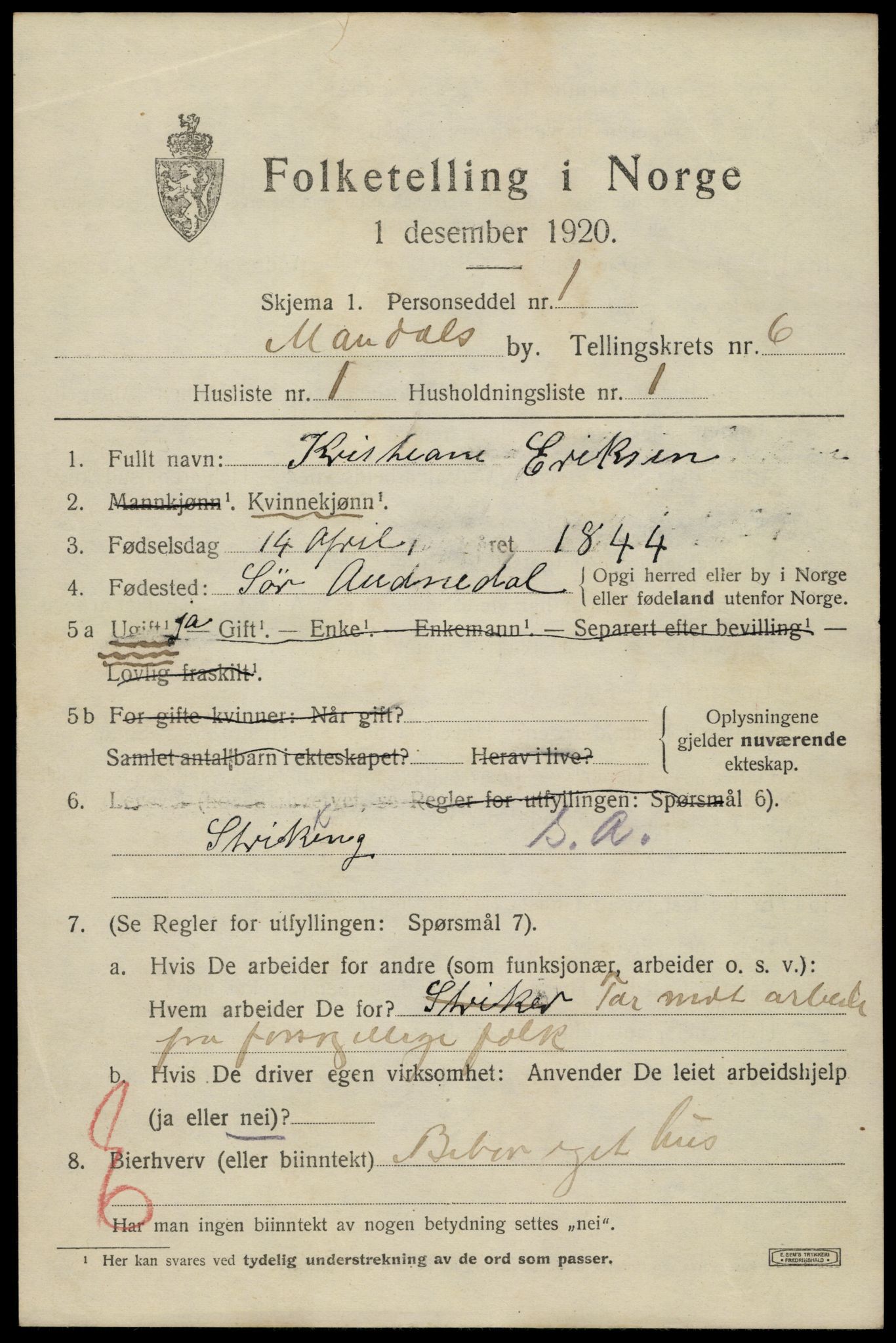 SAK, 1920 census for Mandal, 1920, p. 9111