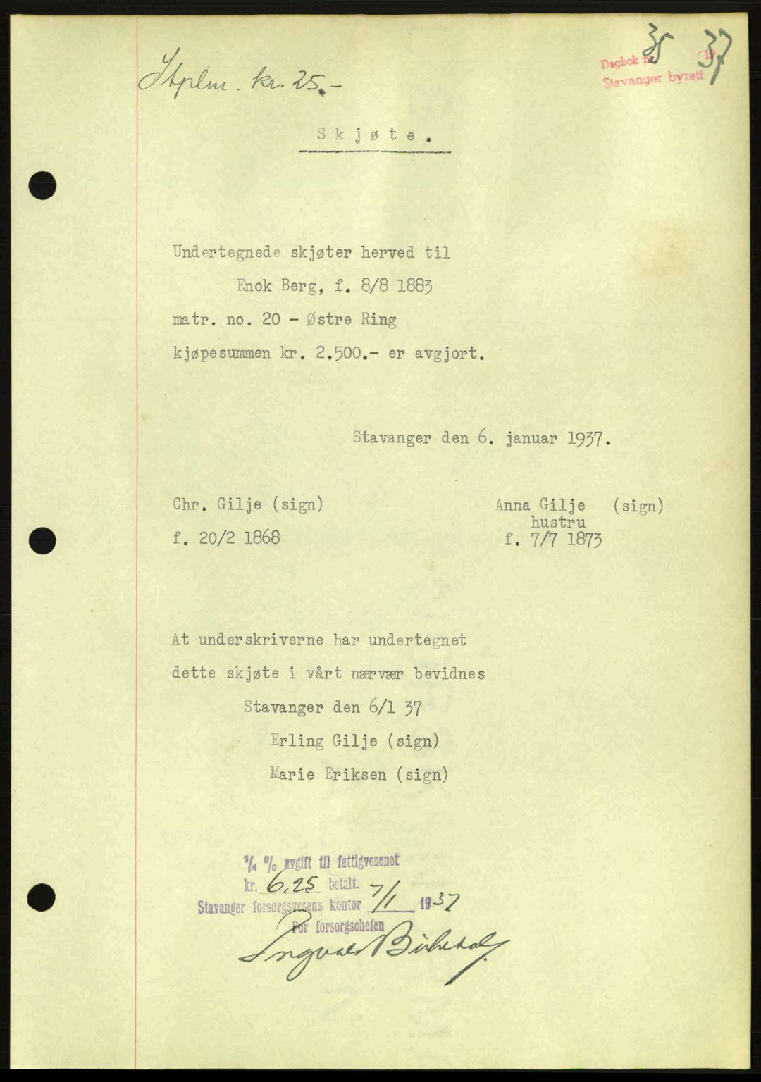 Stavanger byrett, SAST/A-100455/002/G/Gb/L0012: Mortgage book no. A2, 1936-1937, Diary no: : 35/1937