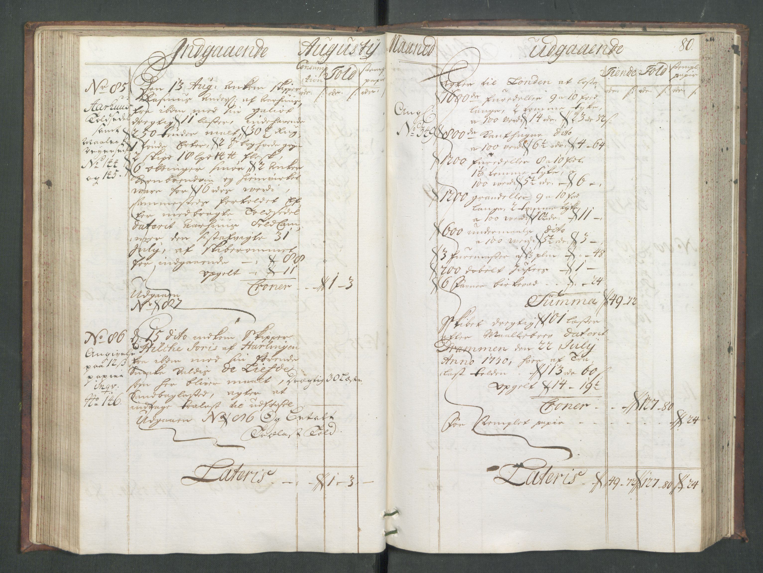 Generaltollkammeret, tollregnskaper, AV/RA-EA-5490/R02/L0008/0001: Tollregnskaper Fredrikstad / Hovedtollbok, 1733, p. 79b-80a
