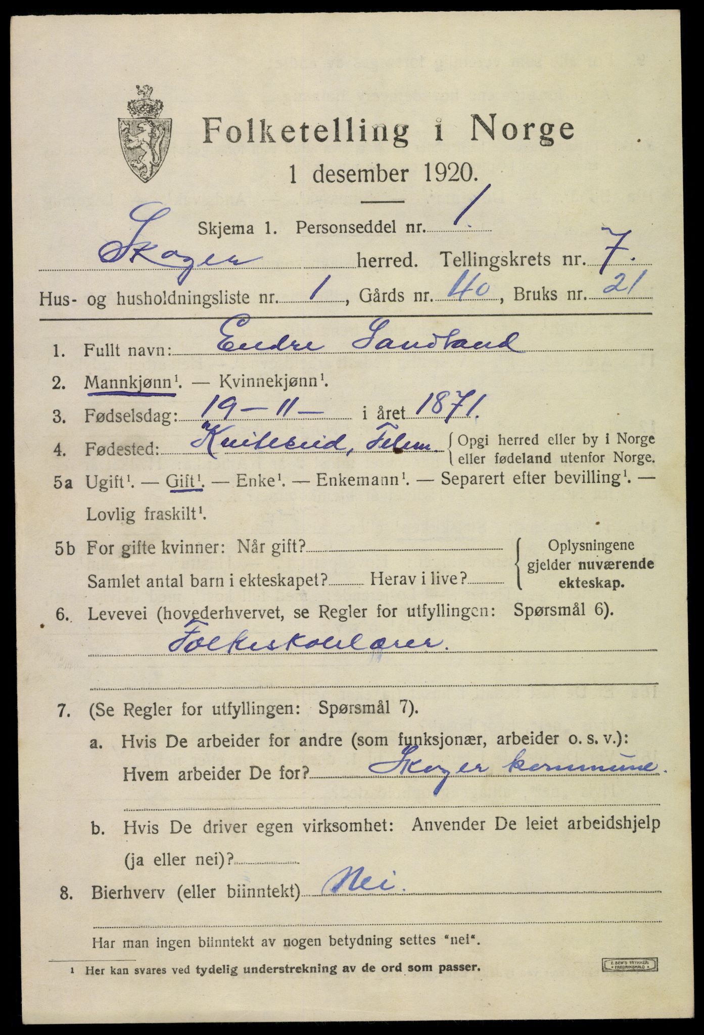 SAKO, 1920 census for Skoger, 1920, p. 14583