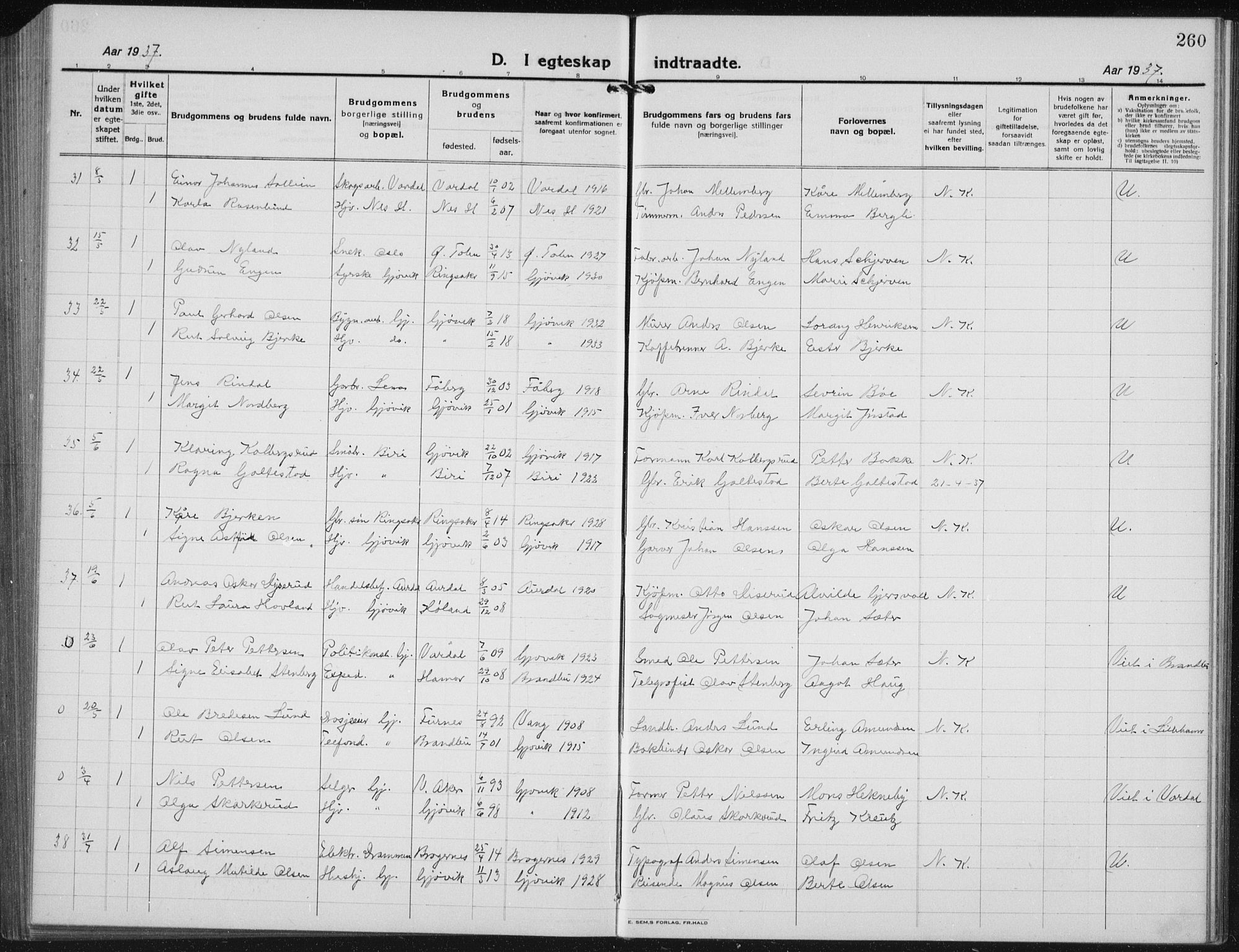 Vardal prestekontor, AV/SAH-PREST-100/H/Ha/Hab/L0017: Parish register (copy) no. 17, 1922-1941, p. 260