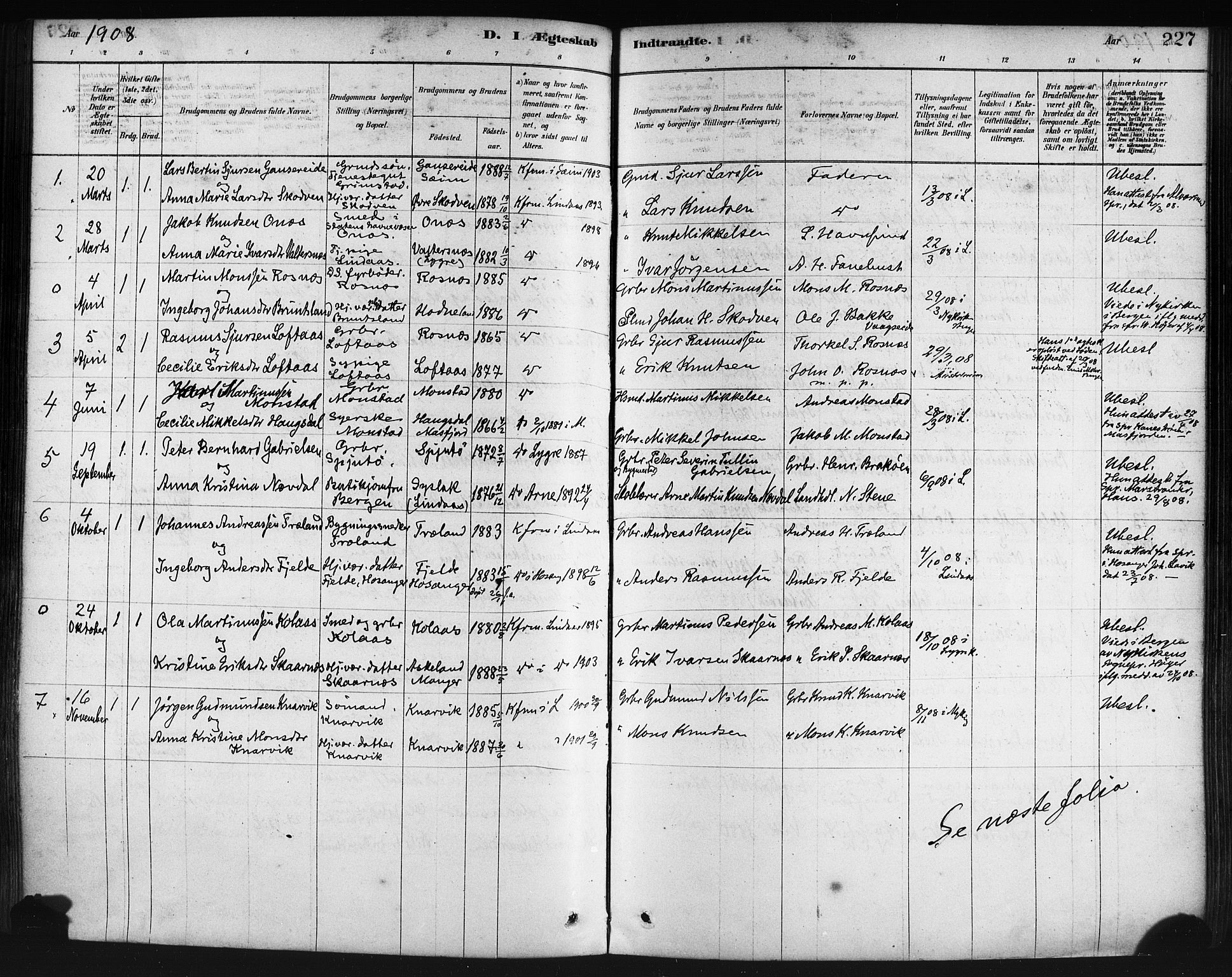 Lindås Sokneprestembete, AV/SAB-A-76701/H/Haa/Haaa/L0019: Parish register (official) no. A 19, 1878-1912, p. 227