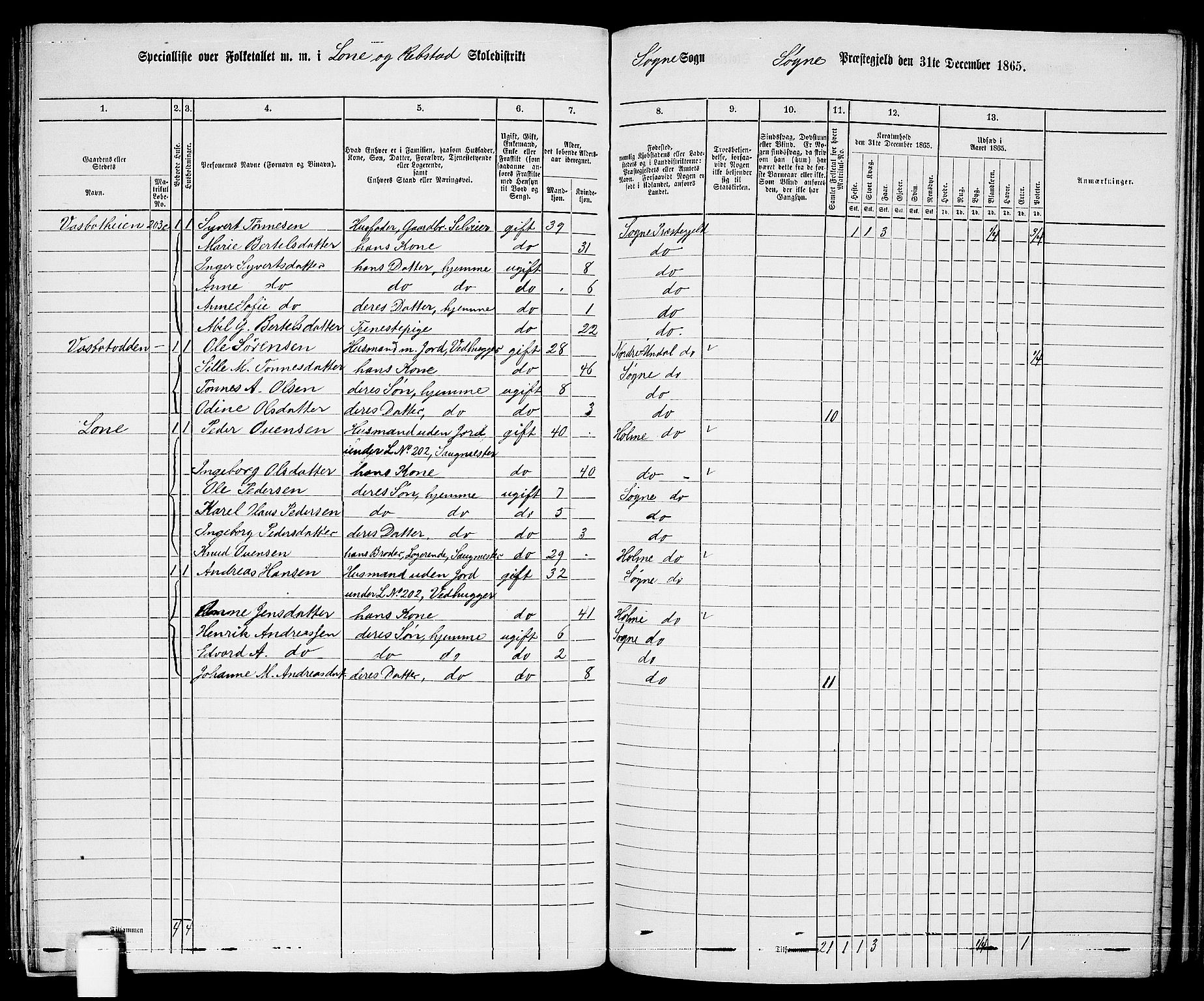 RA, 1865 census for Søgne, 1865, p. 122