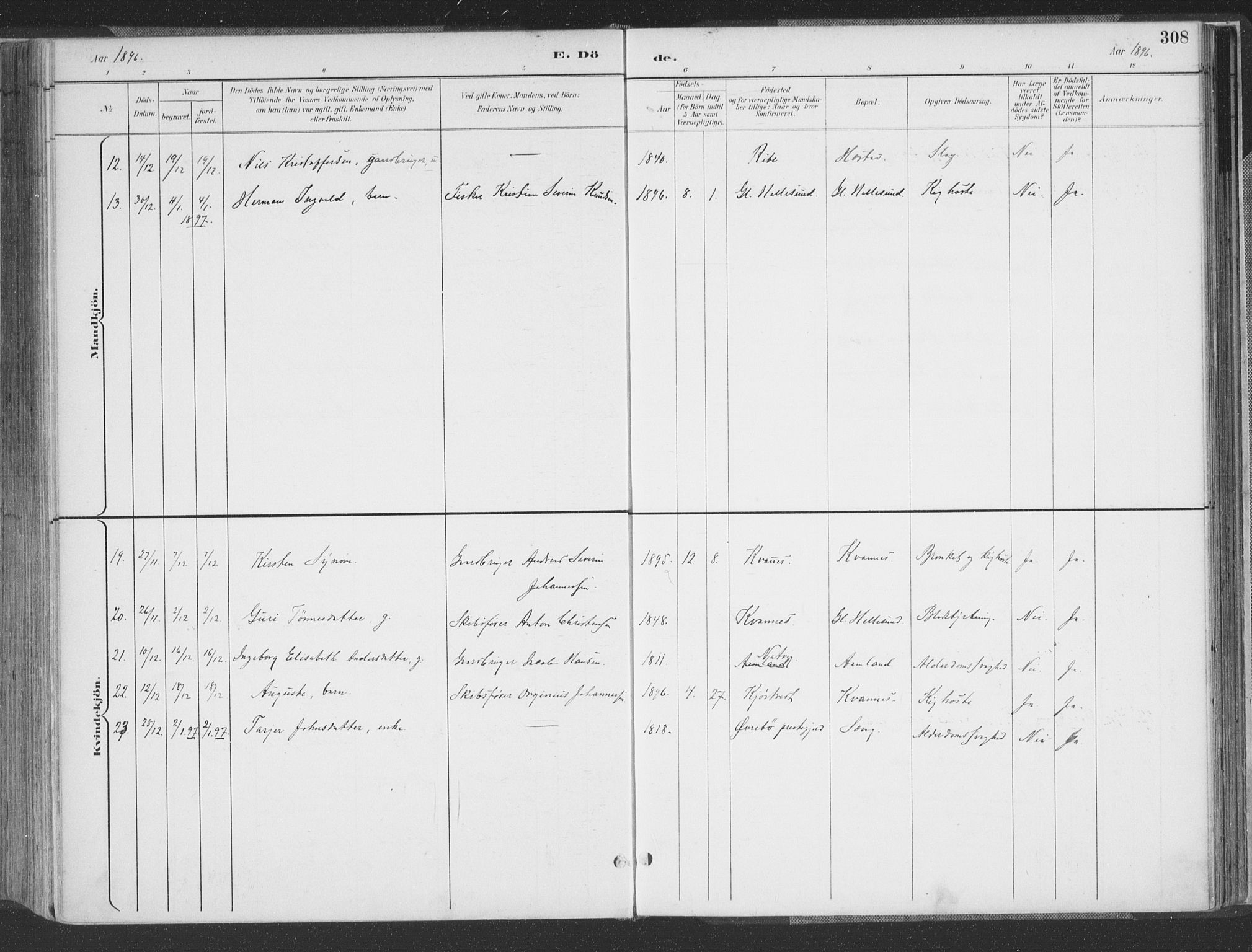 Høvåg sokneprestkontor, AV/SAK-1111-0025/F/Fa/L0006: Parish register (official) no. A 6, 1894-1923, p. 308