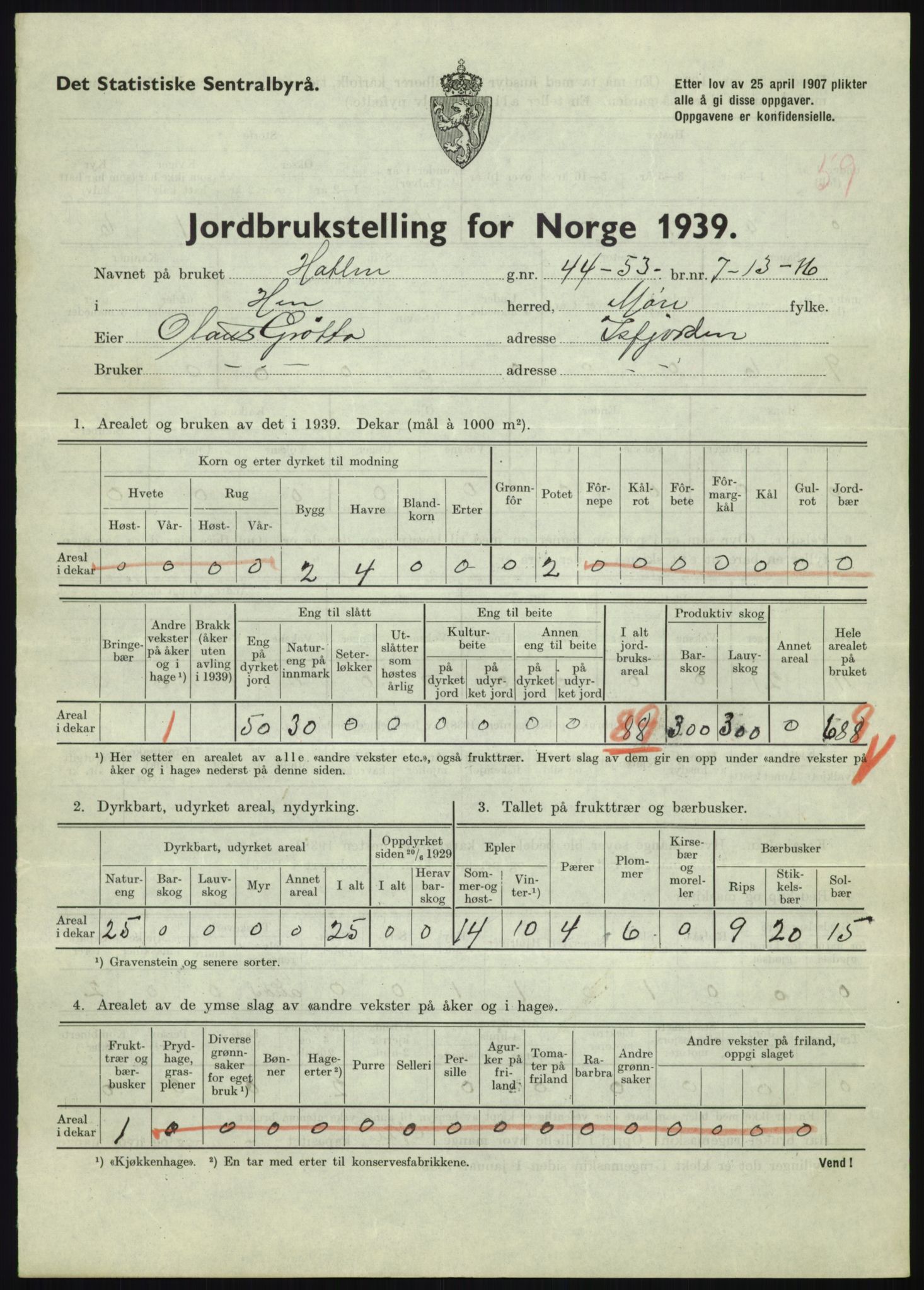 Statistisk sentralbyrå, Næringsøkonomiske emner, Jordbruk, skogbruk, jakt, fiske og fangst, AV/RA-S-2234/G/Gb/L0251: Møre og Romsdal: Voll, Eid, Grytten og Hen, 1939, p. 1377