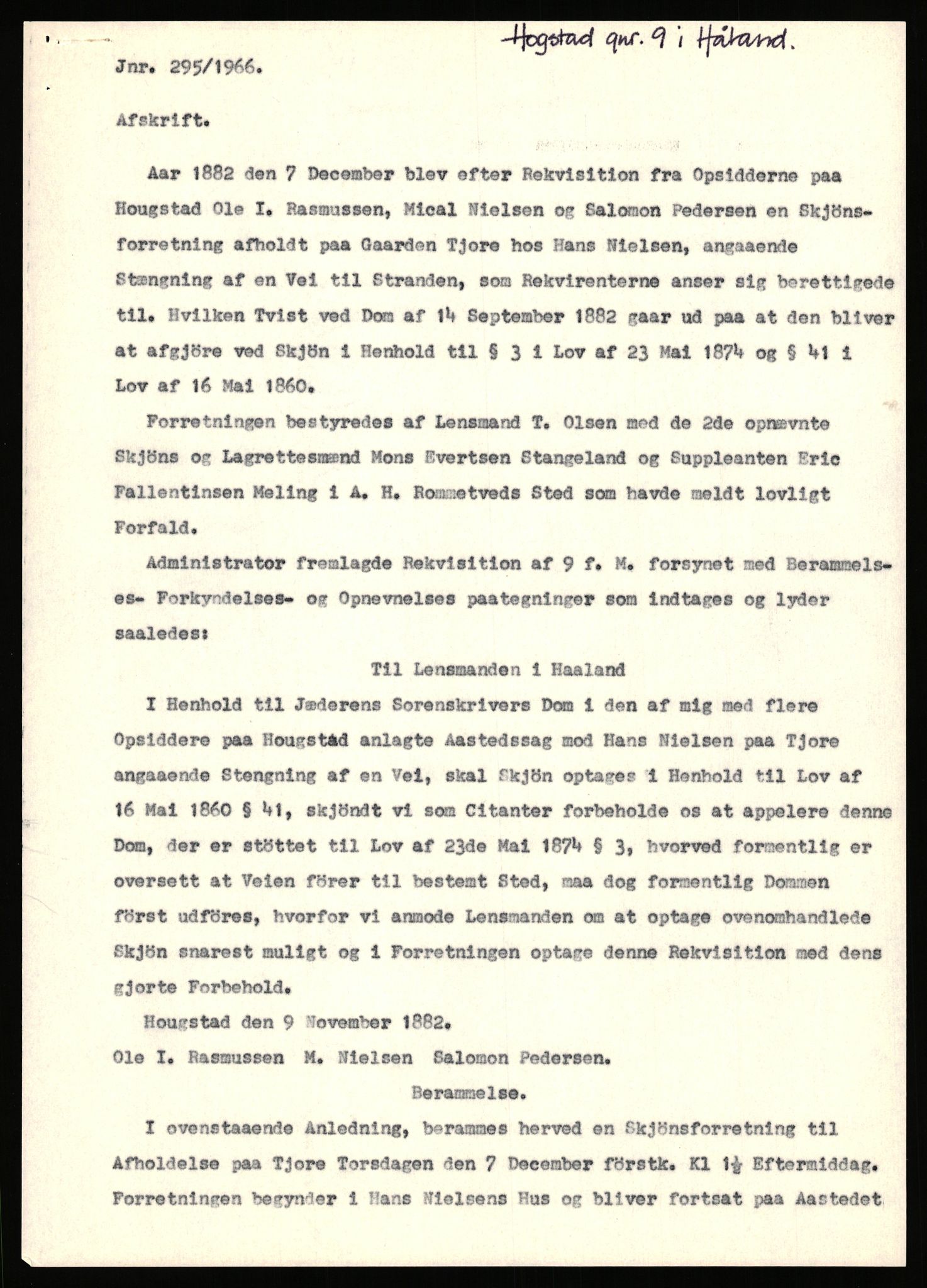 Statsarkivet i Stavanger, AV/SAST-A-101971/03/Y/Yj/L0038: Avskrifter sortert etter gårdsnavn: Hodne - Holte, 1750-1930, p. 331