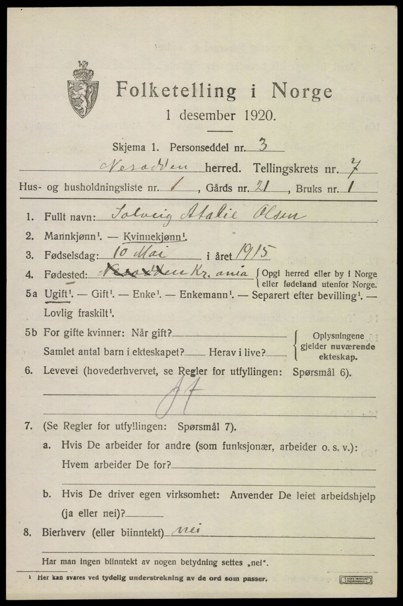 SAO, 1920 census for Nesodden, 1920, p. 5735