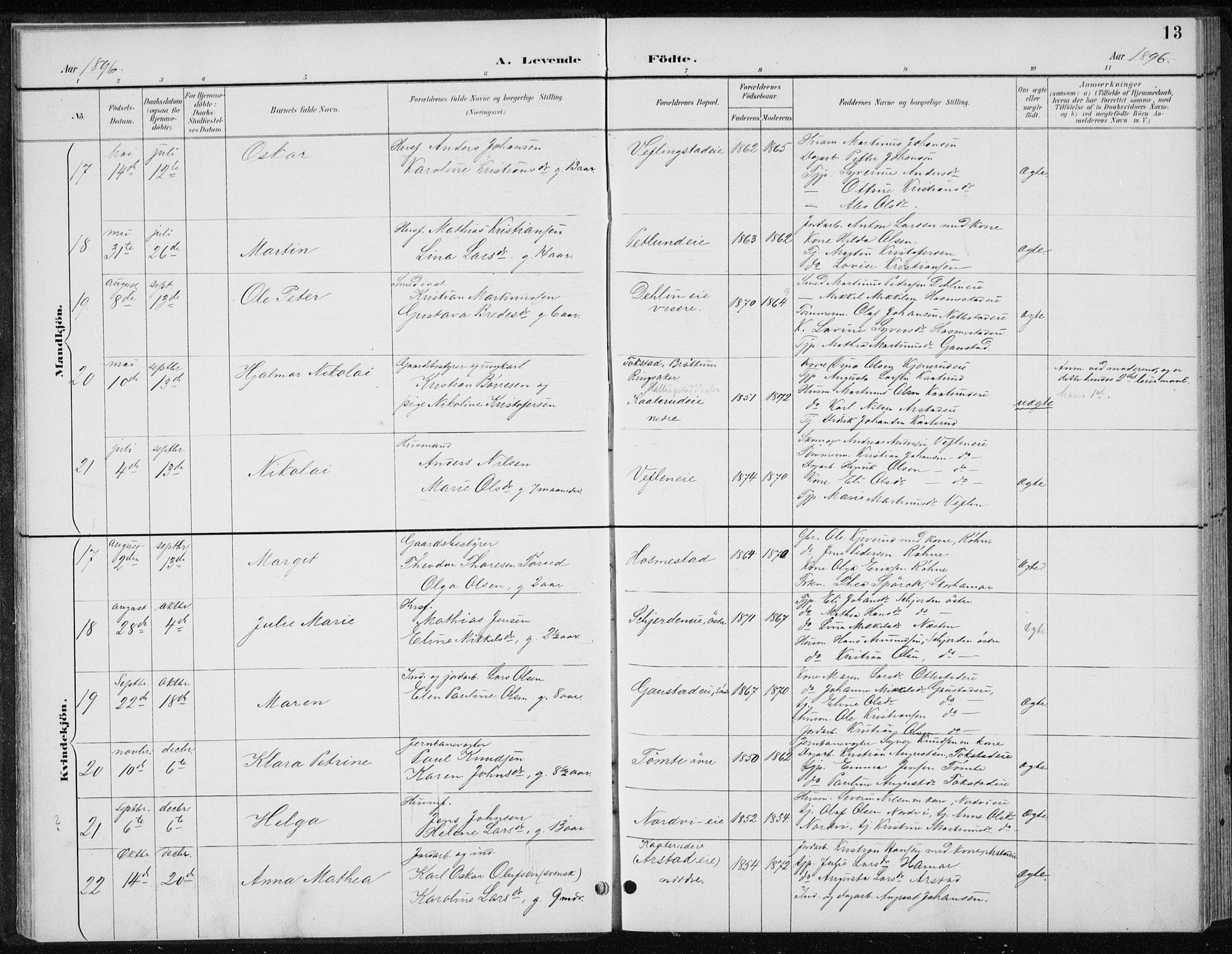 Stange prestekontor, AV/SAH-PREST-002/L/L0010: Parish register (copy) no. 10, 1894-1905, p. 13