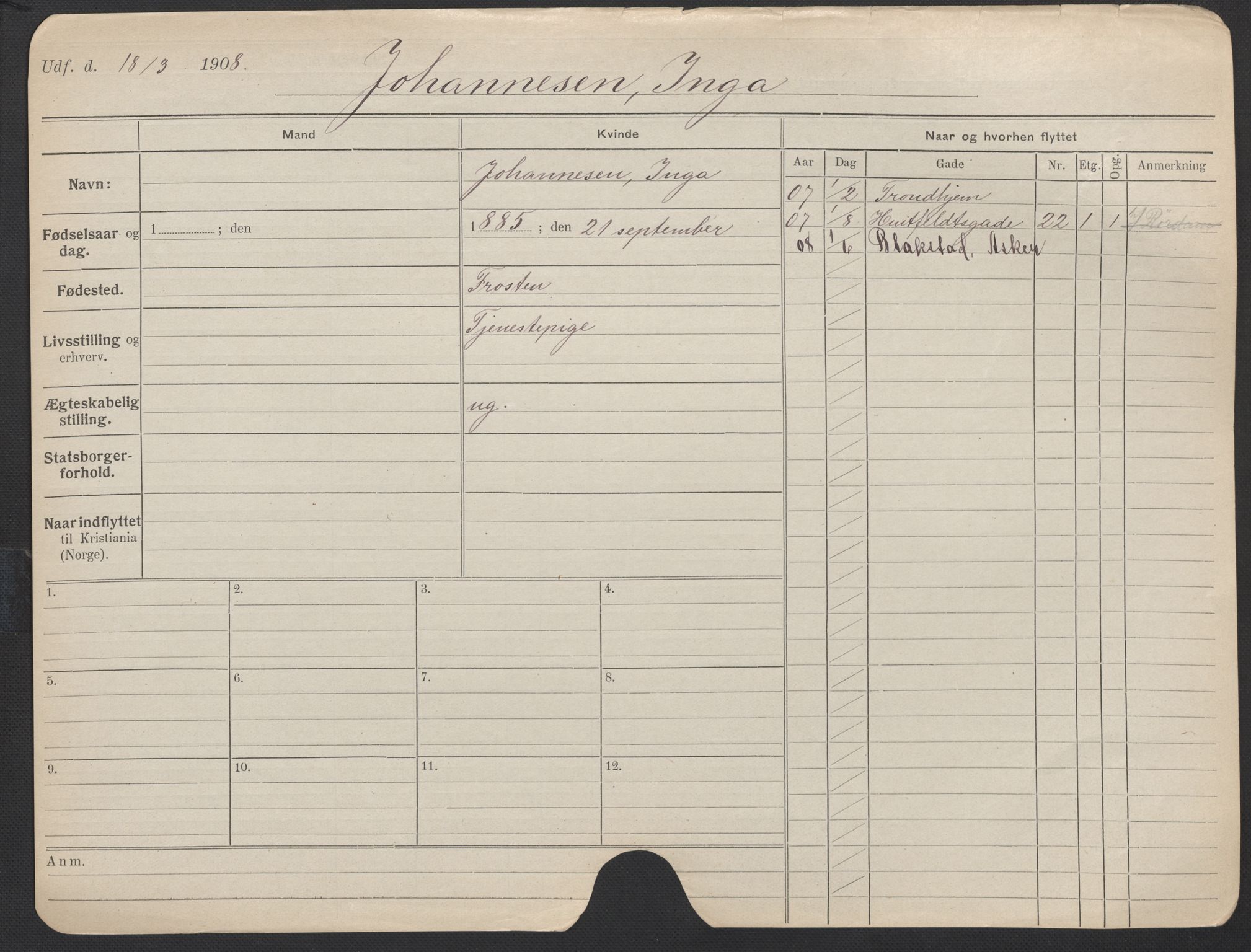 Oslo folkeregister, Registerkort, SAO/A-11715/F/Fa/Fac/L0018: Kvinner, 1906-1914, p. 80a