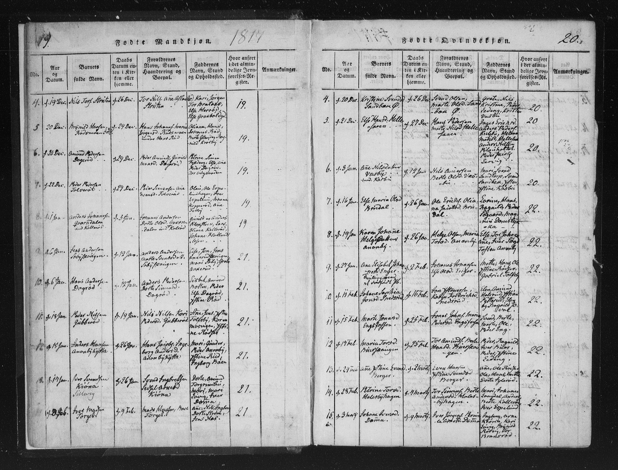 Aremark prestekontor Kirkebøker, SAO/A-10899/F/Fc/L0001: Parish register (official) no. III 1, 1814-1834, p. 19-20