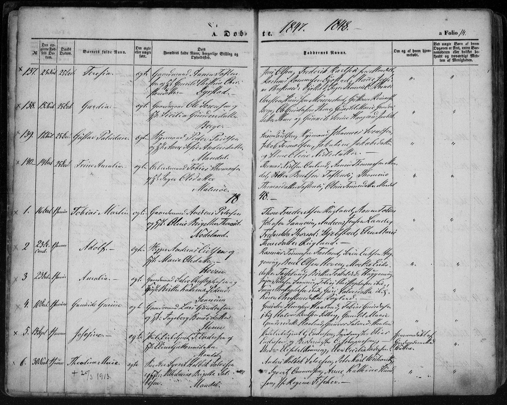 Mandal sokneprestkontor, SAK/1111-0030/F/Fa/Faa/L0013: Parish register (official) no. A 13, 1847-1859, p. 14