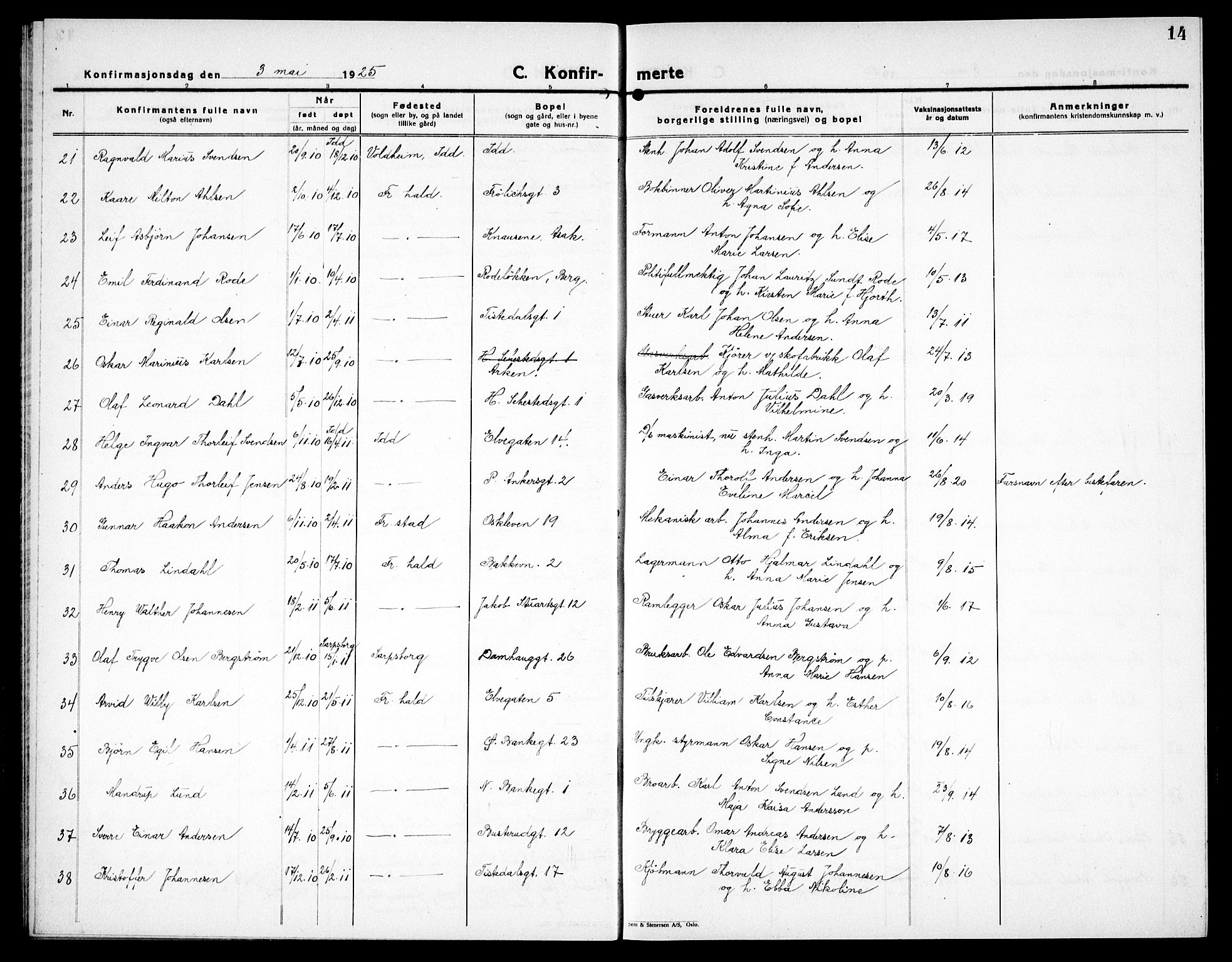 Halden prestekontor Kirkebøker, SAO/A-10909/G/Ga/L0013: Parish register (copy) no. 13, 1924-1939, p. 14