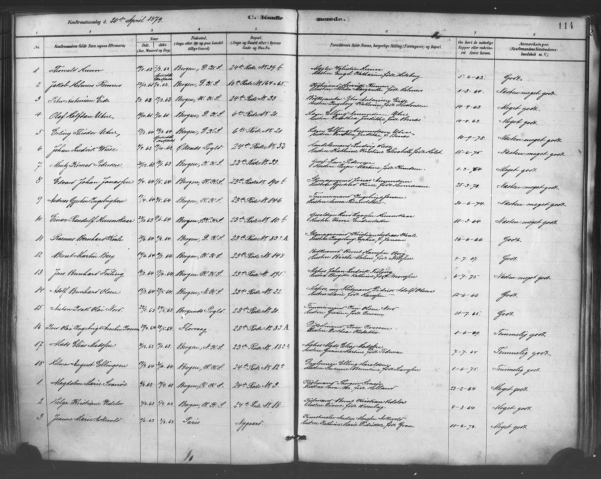 Mariakirken Sokneprestembete, SAB/A-76901/H/Haa/L0007: Parish register (official) no. A 7, 1878-1893, p. 114