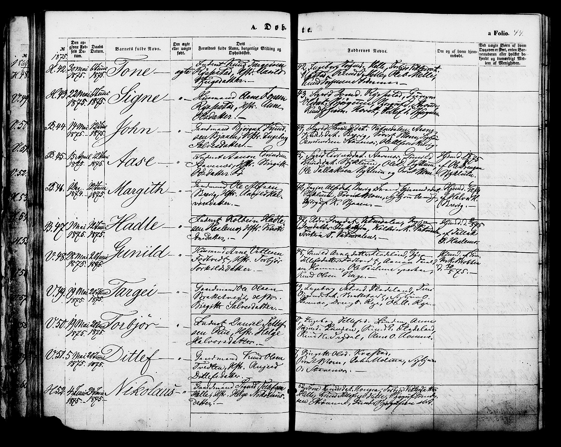 Valle sokneprestkontor, AV/SAK-1111-0044/F/Fa/Fac/L0008: Parish register (official) no. A 8, 1868-1882, p. 44