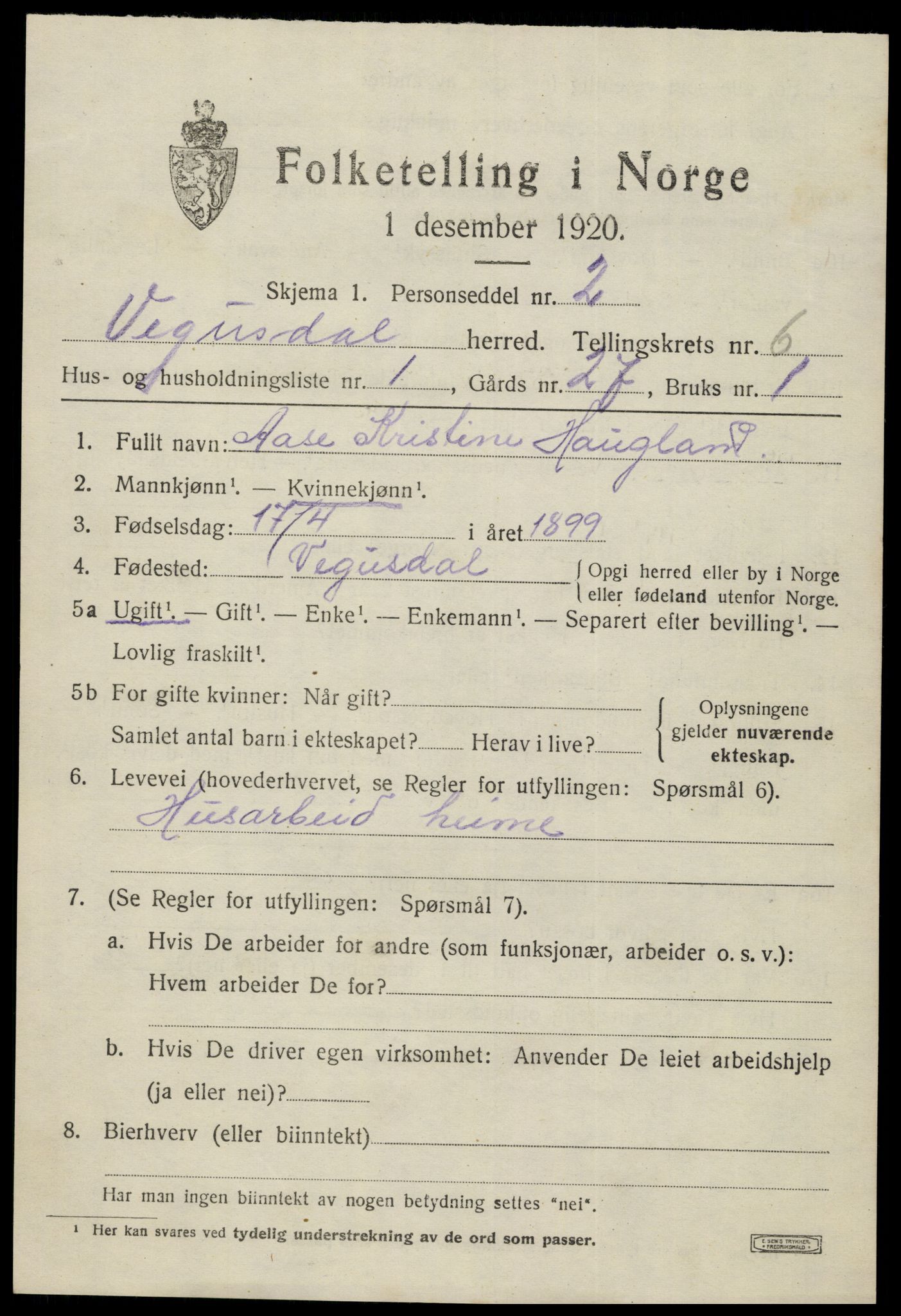 SAK, 1920 census for Vegusdal, 1920, p. 1463