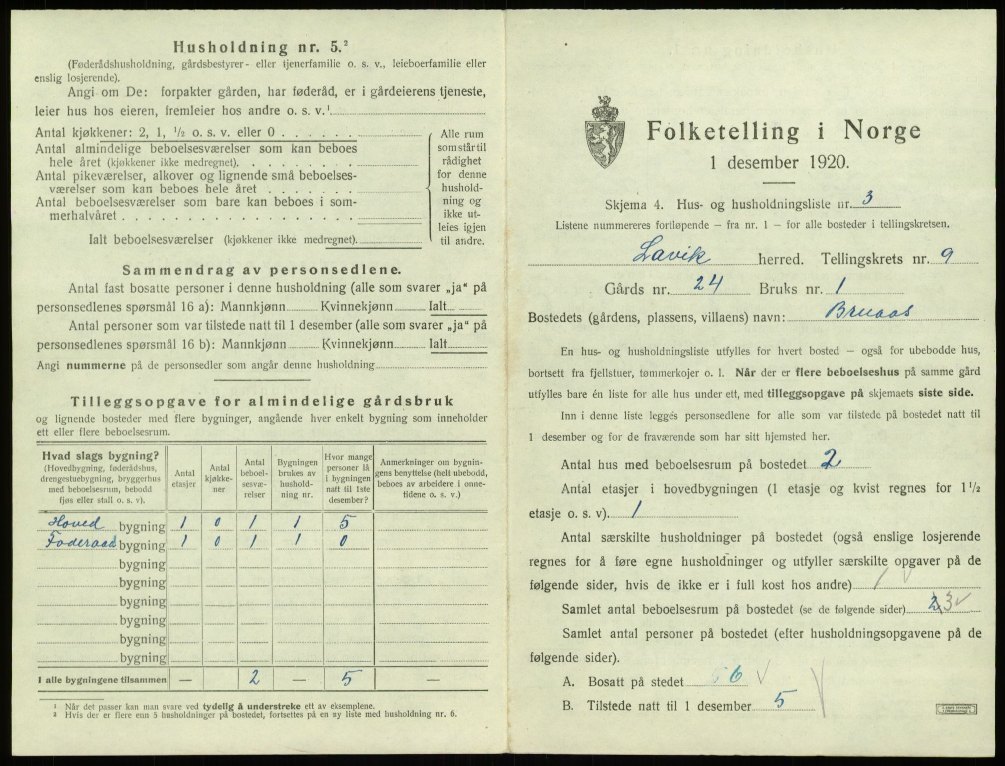 SAB, 1920 census for Lavik, 1920, p. 297