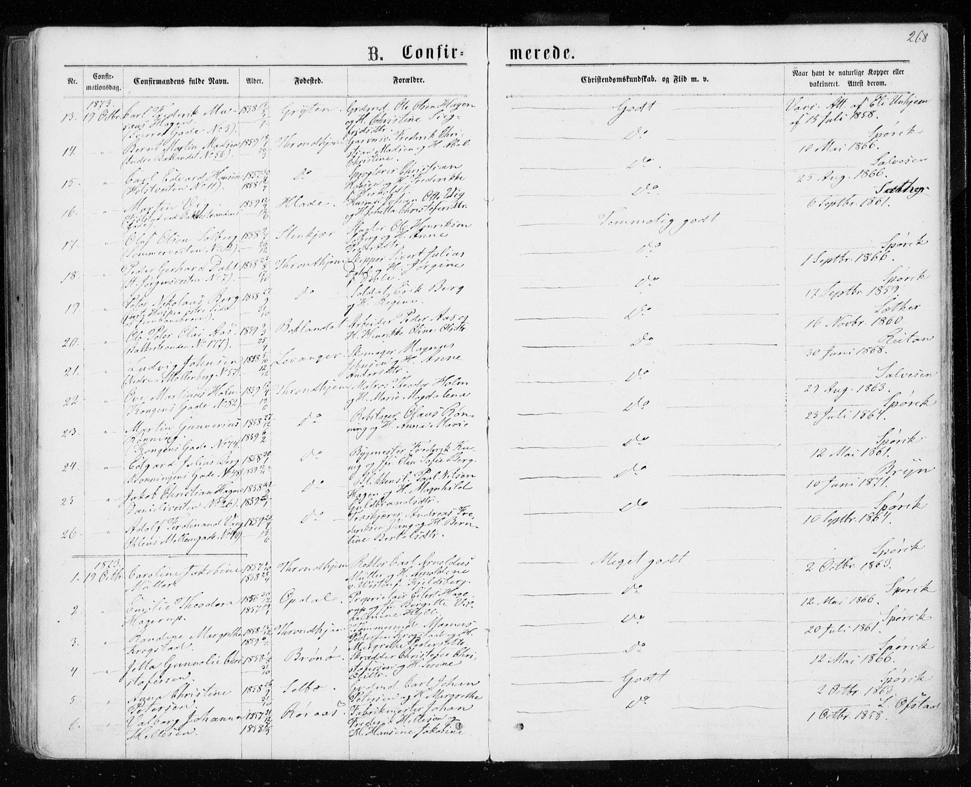 Ministerialprotokoller, klokkerbøker og fødselsregistre - Sør-Trøndelag, AV/SAT-A-1456/601/L0054: Parish register (official) no. 601A22, 1866-1877, p. 268