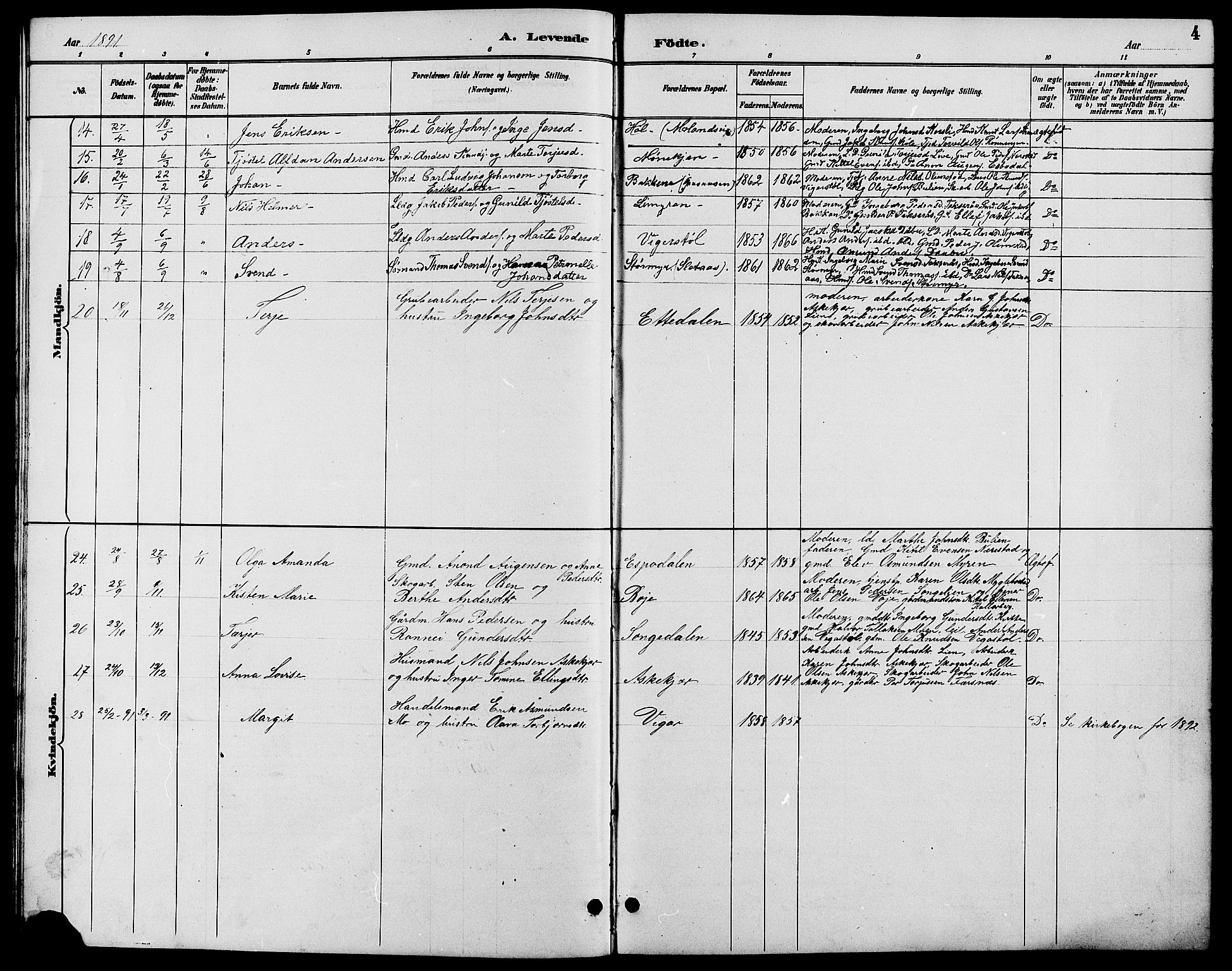 Gjerstad sokneprestkontor, SAK/1111-0014/F/Fb/Fbb/L0004: Parish register (copy) no. B 4, 1890-1910, p. 4